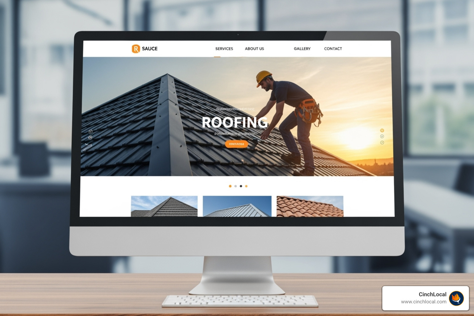 Website design featuring prominent trust badges, team photos, and customer testimonials, with brand colors #002f52 and #ff7e29 - roofer website