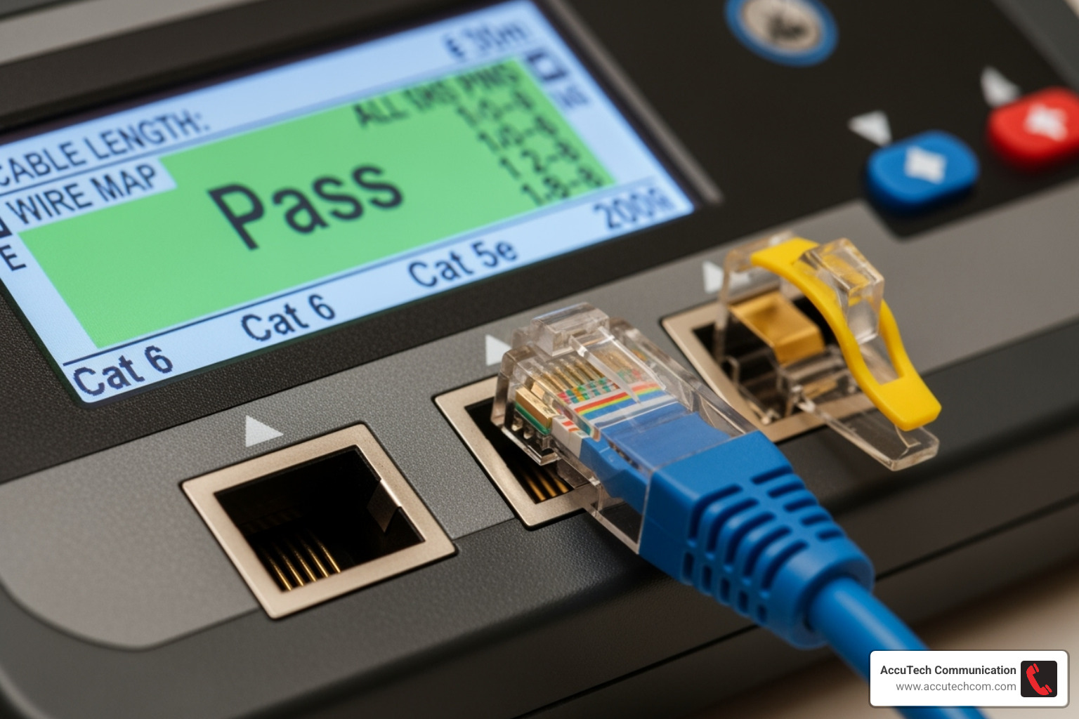 Network cable tester showing a "Pass" result on a newly terminated cable - pulling network cable through conduit Network cable tester showing a "Pass" result on a newly terminated cable - pulling network cable through conduit