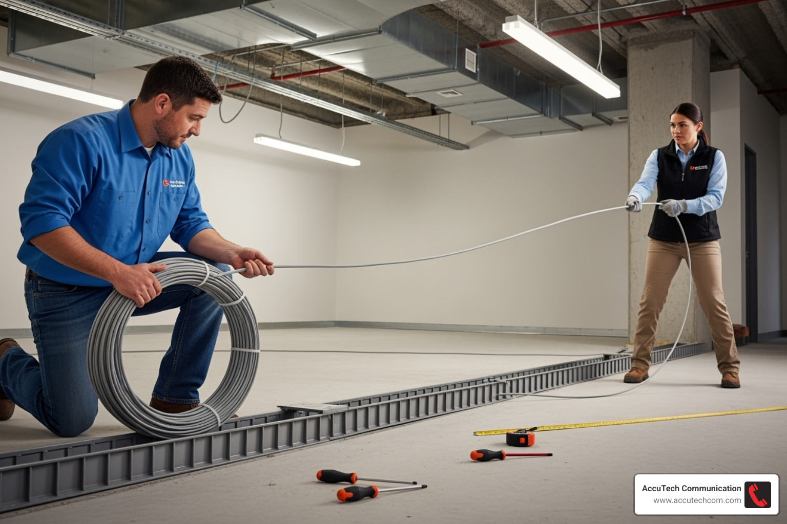 Two people working together to pull cable, one feeding the cable into the conduit while the other pulls from the other end - pulling network cable through conduit Two people working together to pull cable, one feeding the cable into the conduit while the other pulls from the other end - pulling network cable through conduit