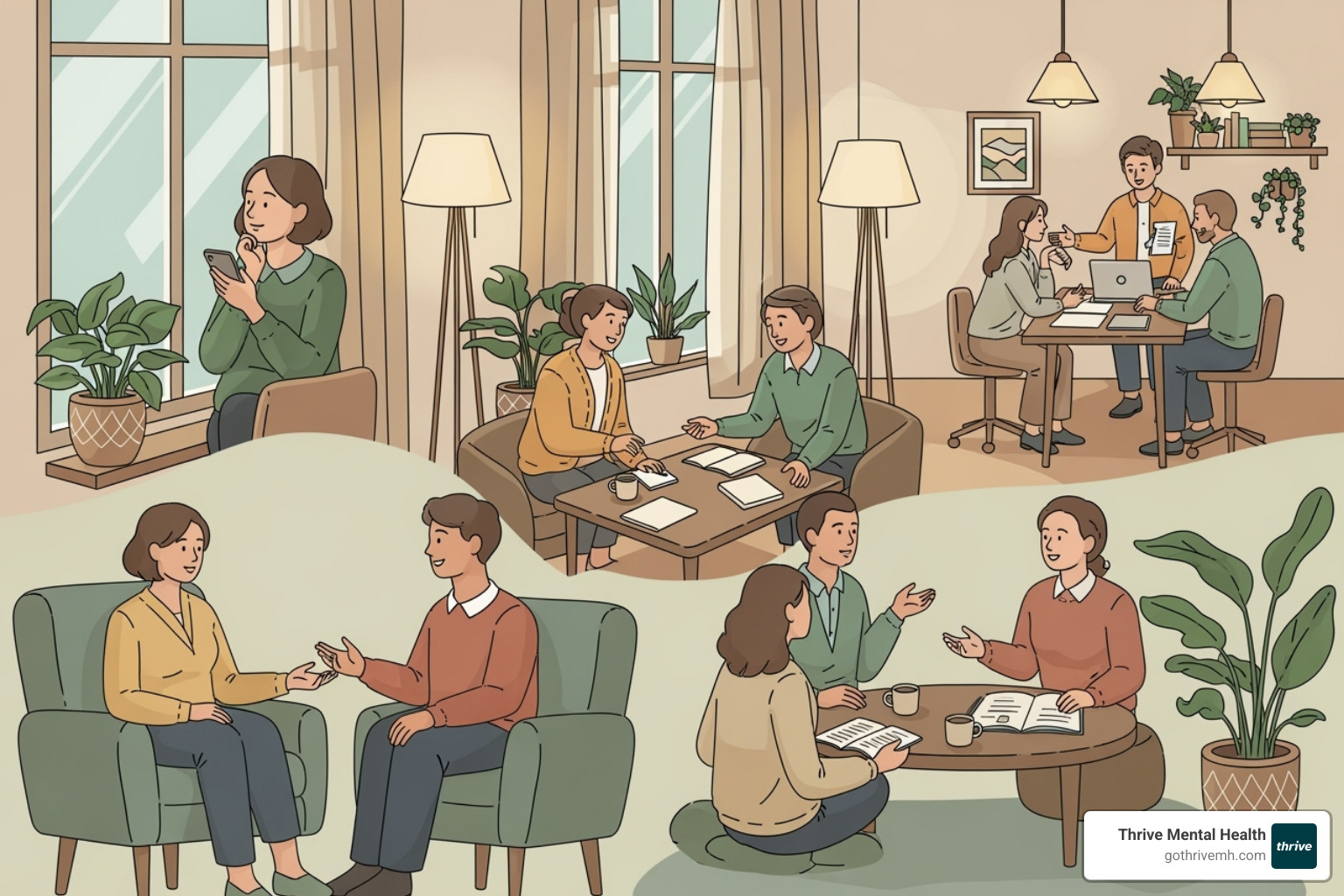 An illustration of the multi-component structure of a DBT program, showing individual therapy, group skills training, phone coaching, and therapist consultation team working together - dialectical behavior therapy