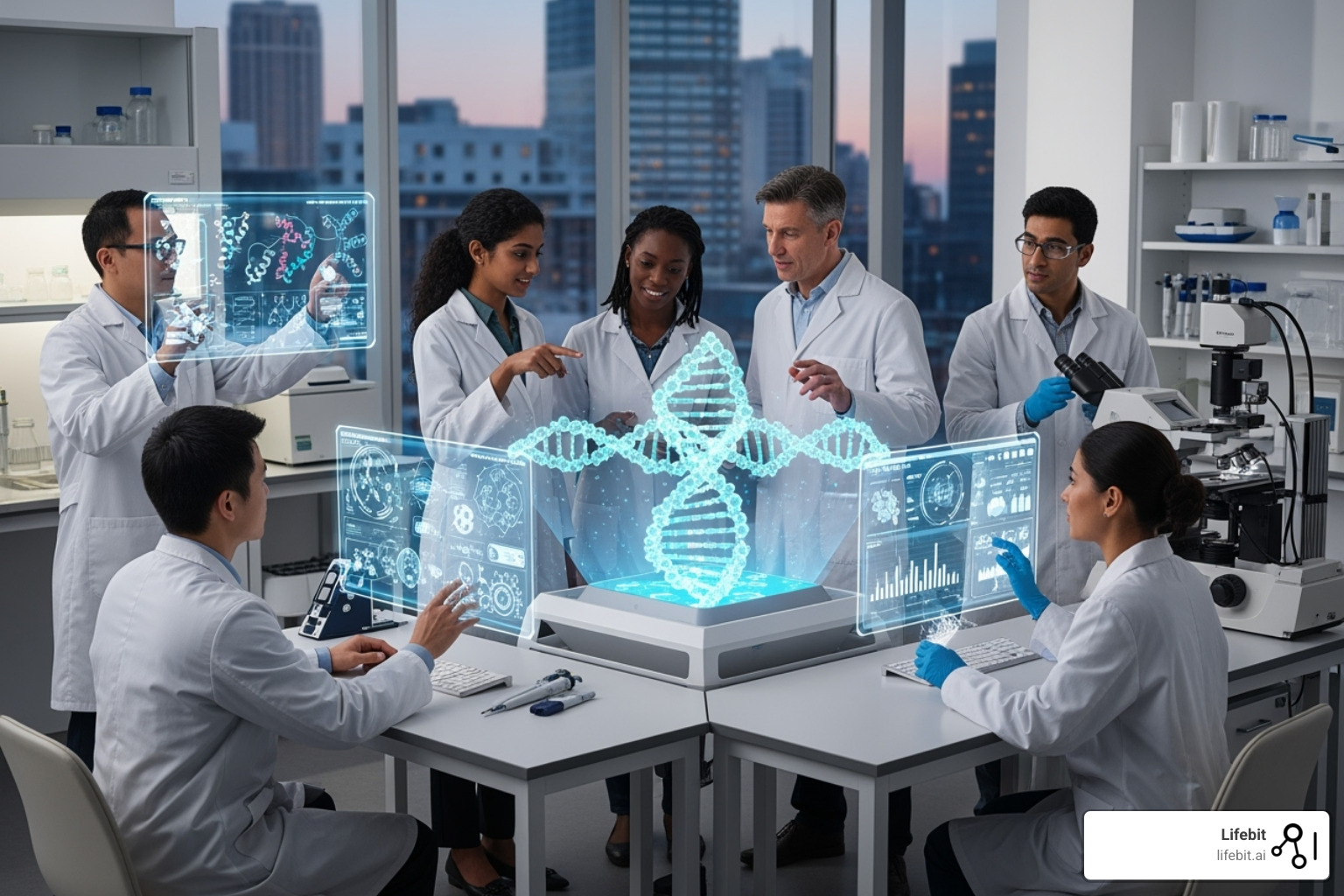 A diverse team of researchers collaborating around a futuristic data interface, with glowing holographic screens displaying complex biological data and analytics - clinical meaning