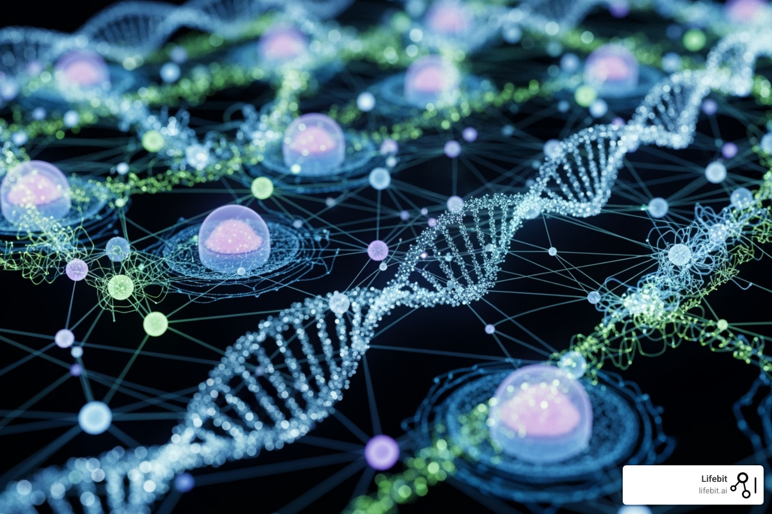 A complex data network representing genomic and clinical data integration, with various nodes connecting different data types - clinical meaning