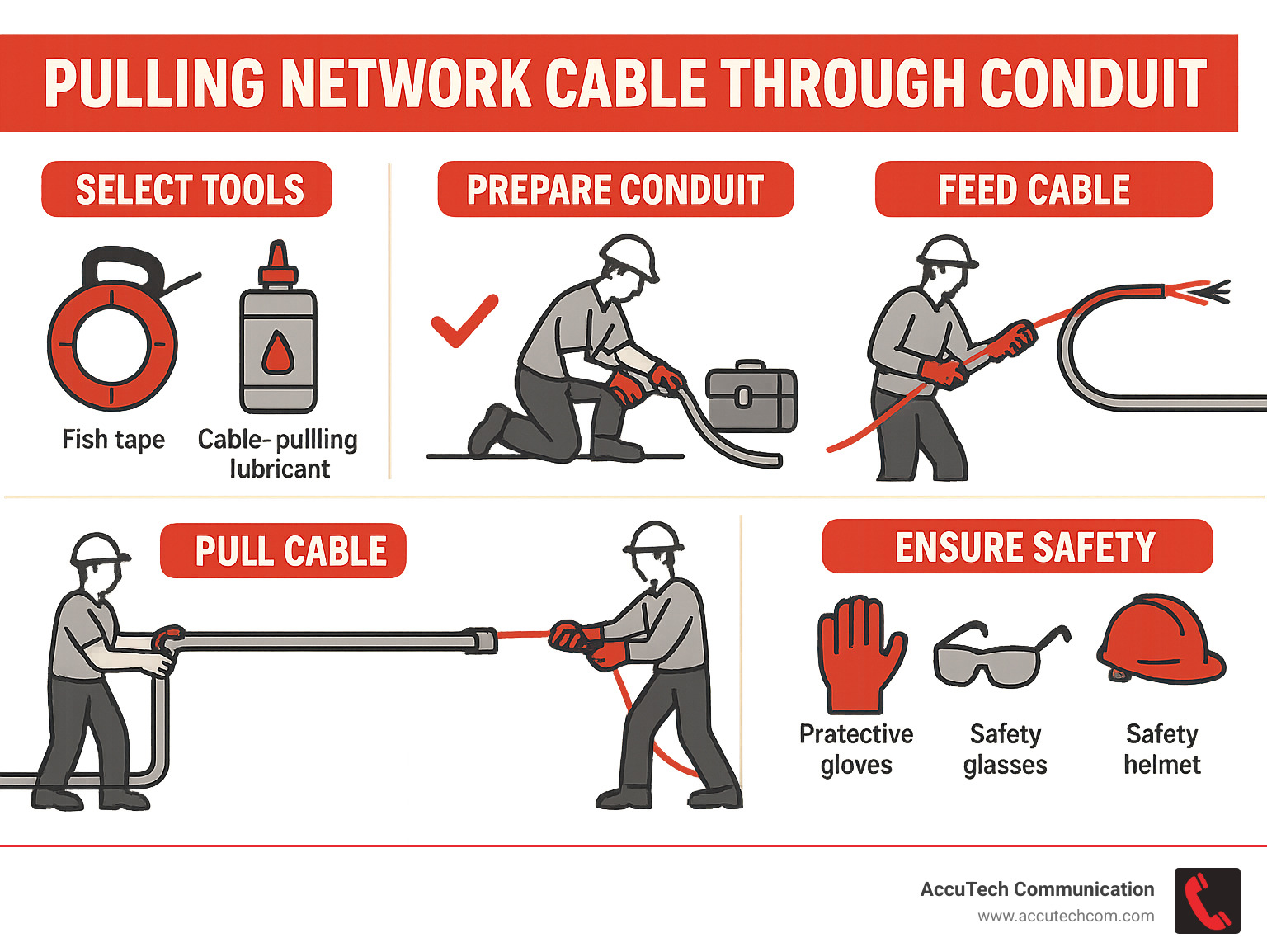 Detailed infographic showing the step-by-step process of pulling network cable through conduit, including tool selection, conduit preparation, cable feeding techniques, proper pulling methods, and safety considerations for professional installation - pulling network cable through conduit infographic Detailed infographic showing the step-by-step process of pulling network cable through conduit, including tool selection, conduit preparation, cable feeding techniques, proper pulling methods, and safety considerations for professional installation - pulling network cable through conduit infographic