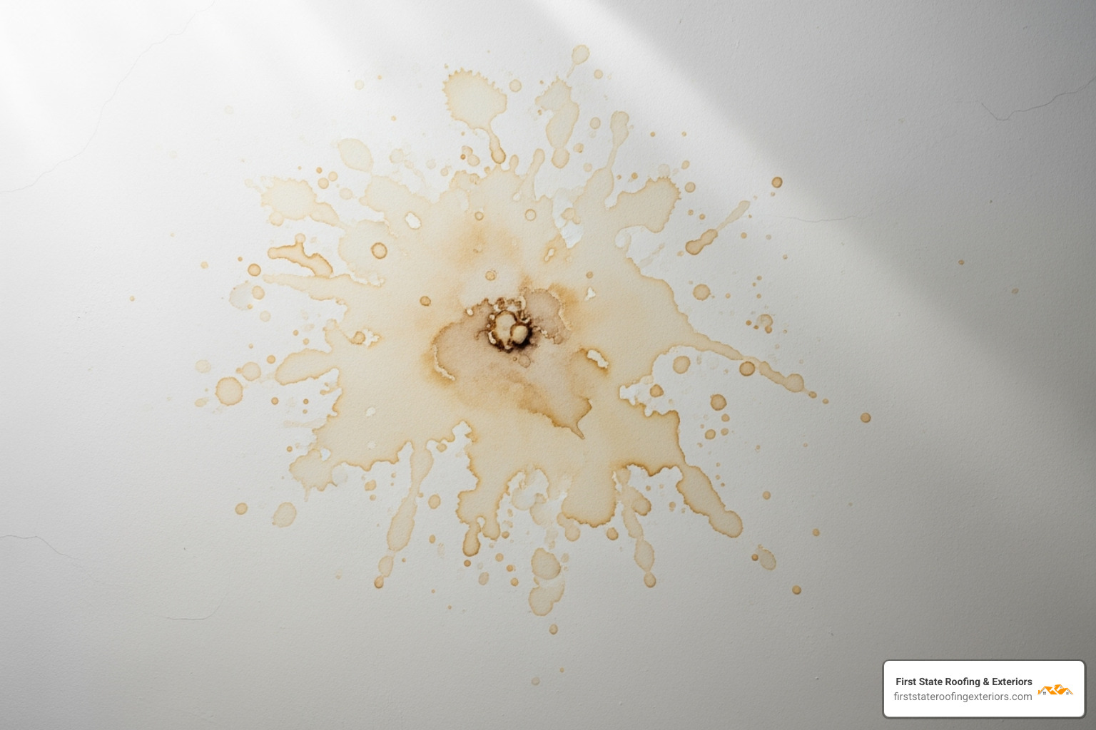 Water stains spreading across a ceiling from a roof leak - emergency roof tarp in smyrna