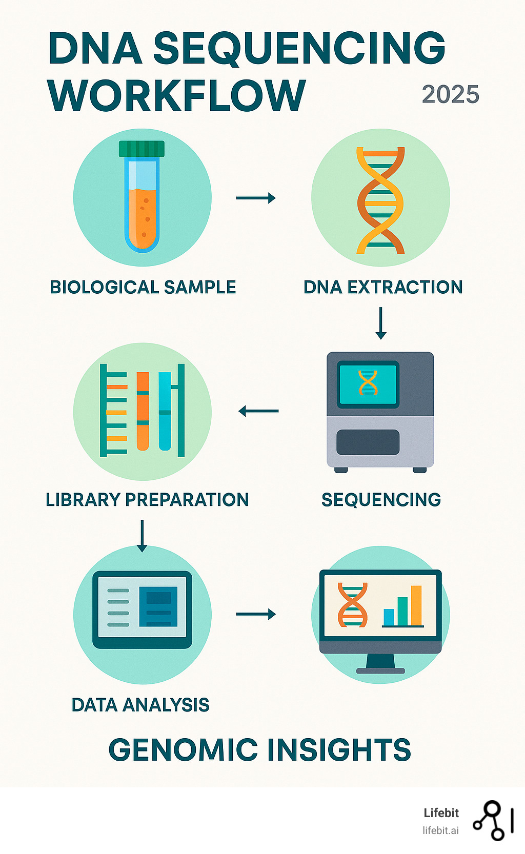 Infographic showing the complete DNA sequencing workflow from biological sample collection through DNA extraction, library preparation, sequencing instrument processing, data generation, and final bioinformatics analysis leading to genomic insights - dna sequencing methods infographic 