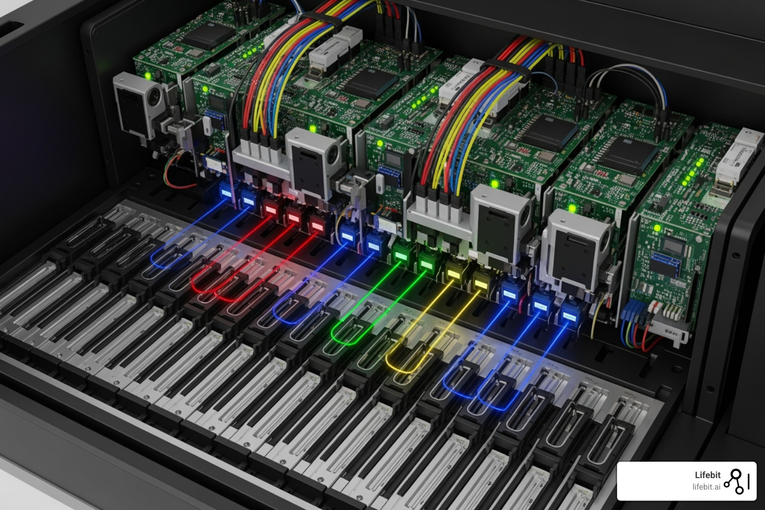 Illustration of a next-generation DNA sequencer, depicting the complex machinery involved in high-throughput DNA sequencing, with elements like flow cells, lasers, and data processing units - 'omics