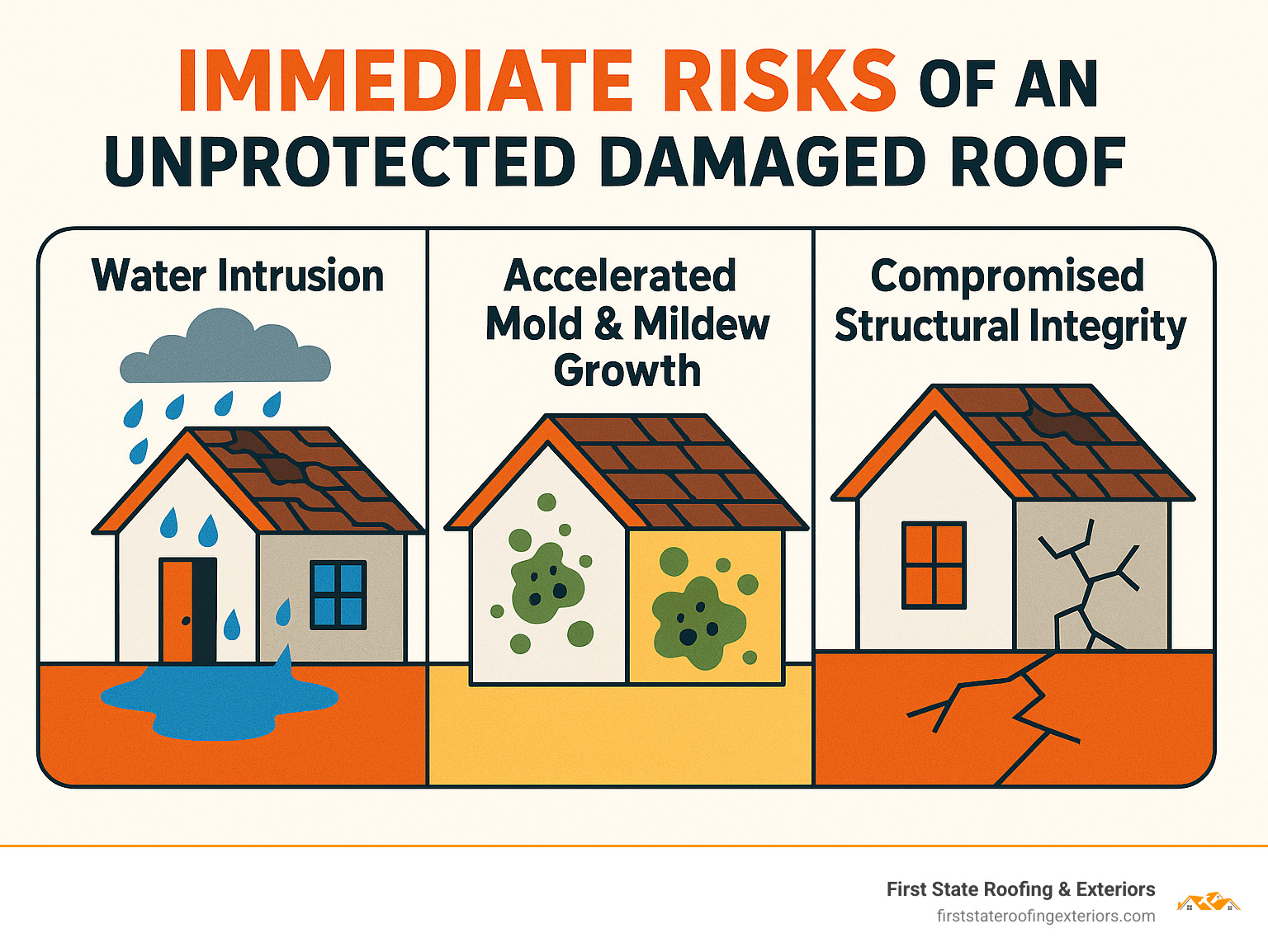 Infographic detailing the immediate risks of an unprotected damaged roof, including water intrusion leading to interior damage, accelerated mold and mildew growth, and compromised structural integrity due to prolonged exposure to elements - emergency roof tarp in smyrna infographic 