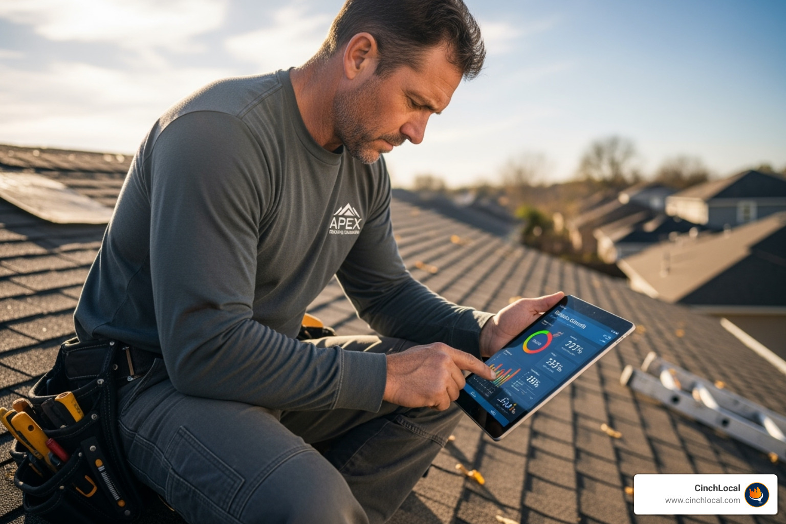 Professional roofer looking at tablet with business growth analytics - seo services for roofing company