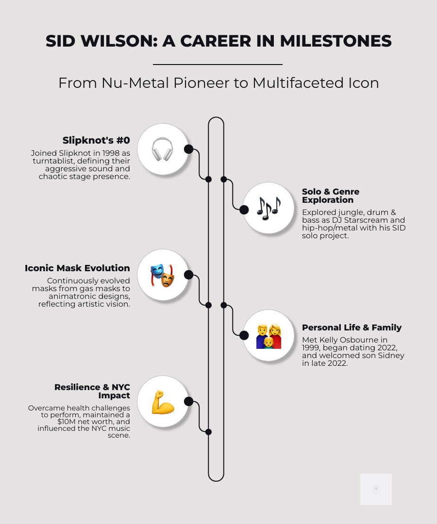 Infographic summarizing Sid Wilson's career milestones, from Slipknot's formation to his family life with Kelly Osbourne, with a special focus on his appearances and influence in New York City, including his role as #0 in Slipknot, his various musical projects like DJ Starscream and SID, the evolution of his masks, his relationship with Kelly Osbourne and the birth of their son, his estimated net worth, and his resilience in overcoming health challenges, all contextualized within his impact on the New York City music scene and his public profile. - Sid Wilson infographic infographic-line-5-steps-neat_beige