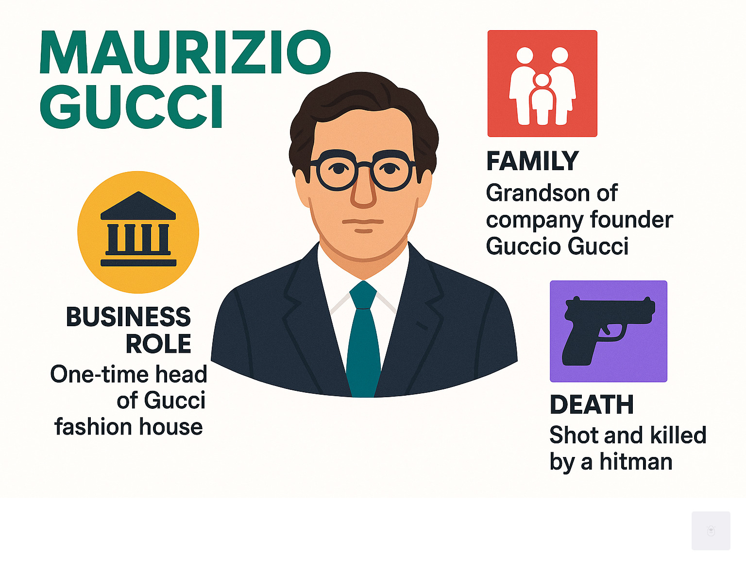 Maurizio Gucci's family, business role, and the circumstances of his death - Maurizio Gucci infographic 