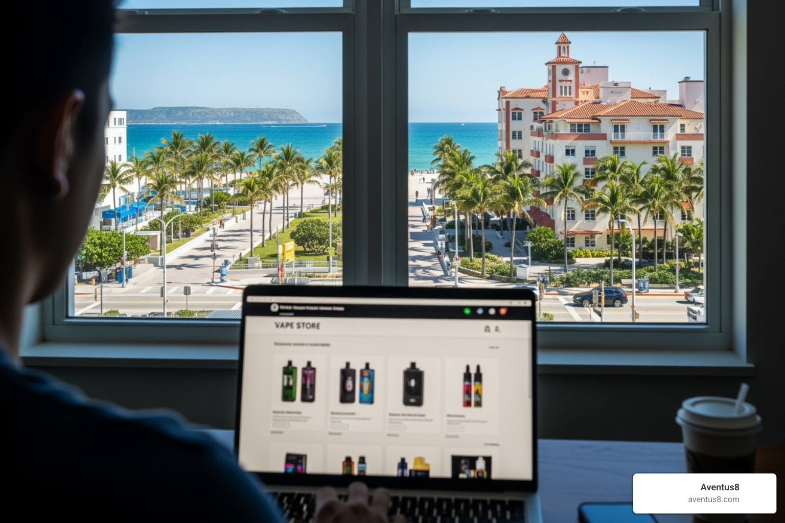 person browsing an online vape store on their laptop with a Hollywood, FL background - disposable thc vapes online