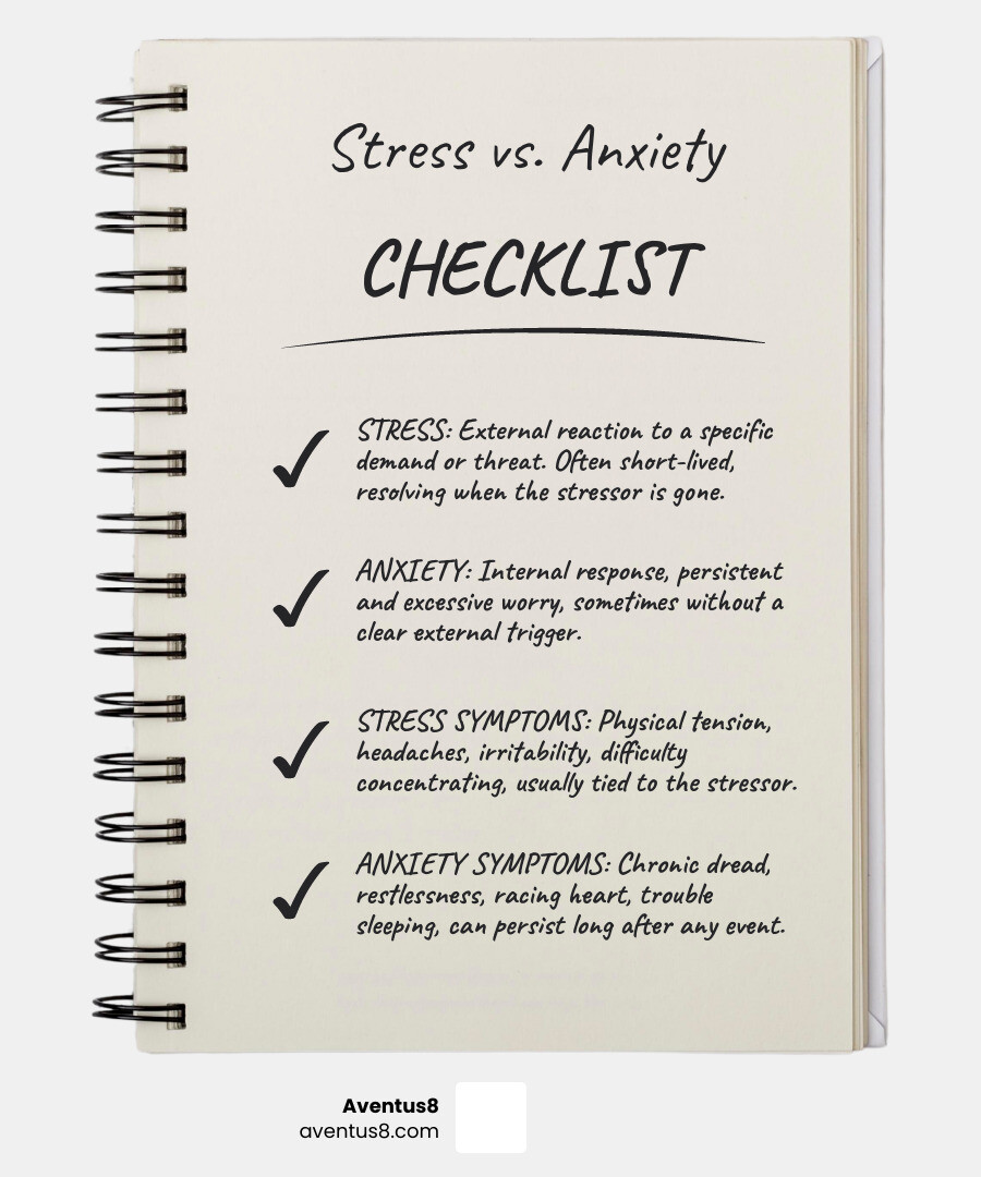 Infographic comparing stress and anxiety, detailing symptoms, duration, and triggers for each condition - cbd for anxiety infographic checklist-notebook