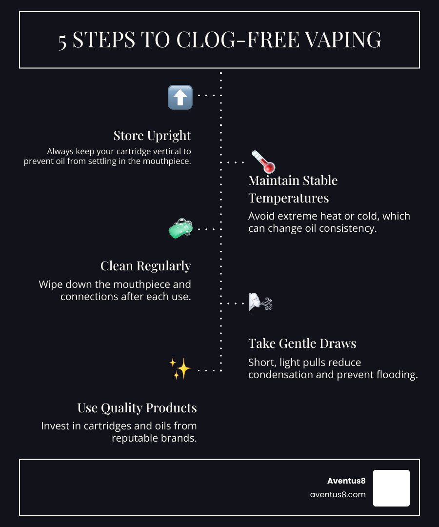 An infographic explaining the anatomy of a 510-thread vape cartridge: mouthpiece, chamber, oil, atomizer, and threading - how to keep thc vape cartridge from clogging infographic infographic-line-5-steps-dark