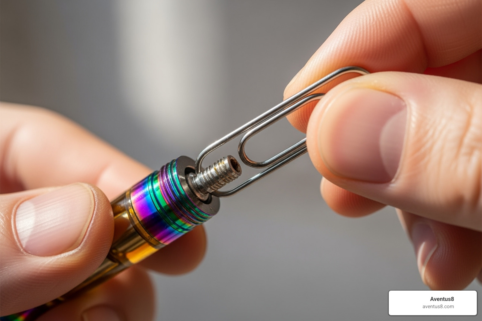 Someone gently using a paperclip to clear a vape mouthpiece - how to keep thc vape cartridge from clogging