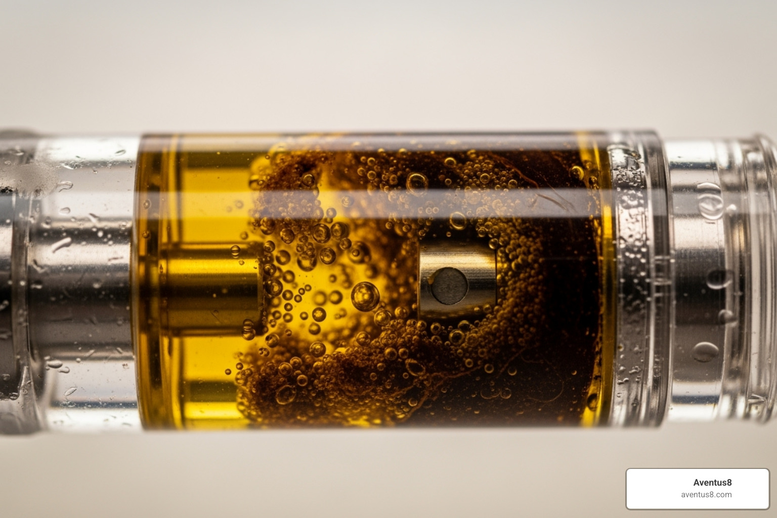 A vape cartridge showing thickened, dark oil causing a clog - how to keep thc vape cartridge from clogging