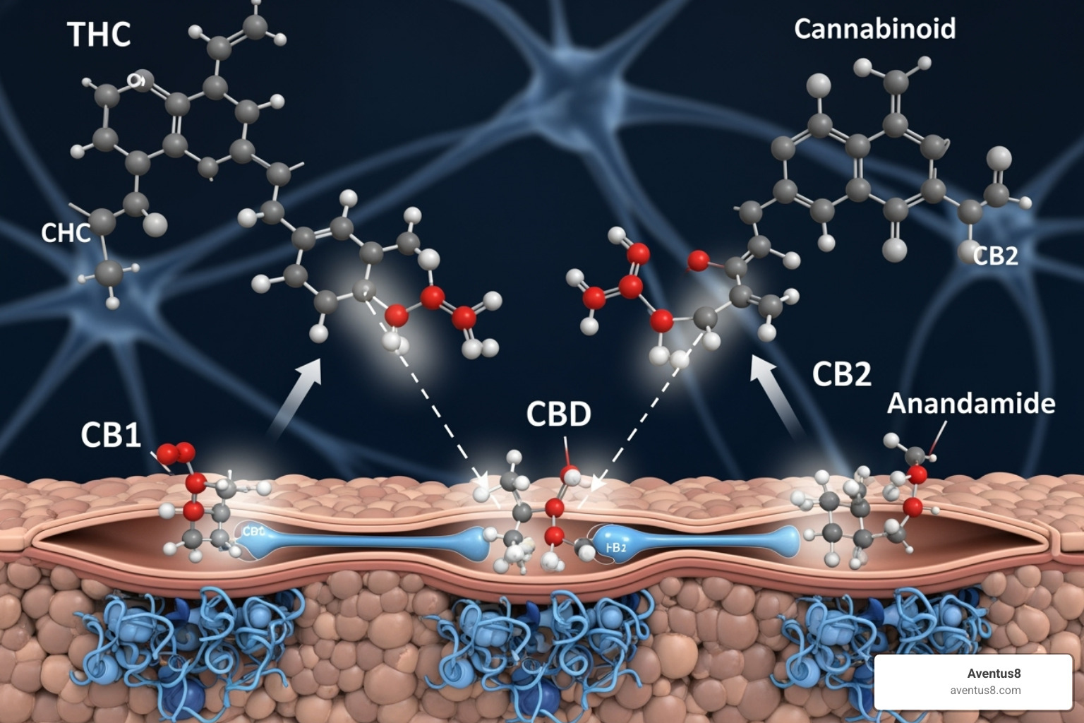 Cannabinoid molecules interacting with brain receptors - THC vape for sleep