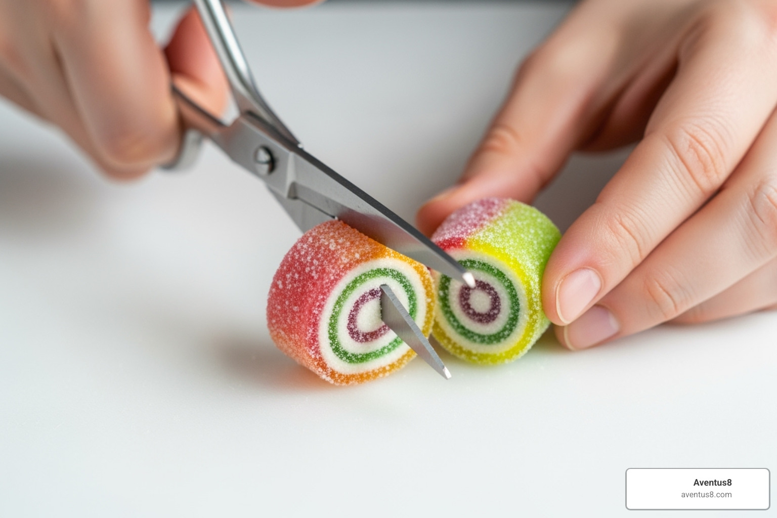 person cutting a gummy in half - Delta 8 gummies trial