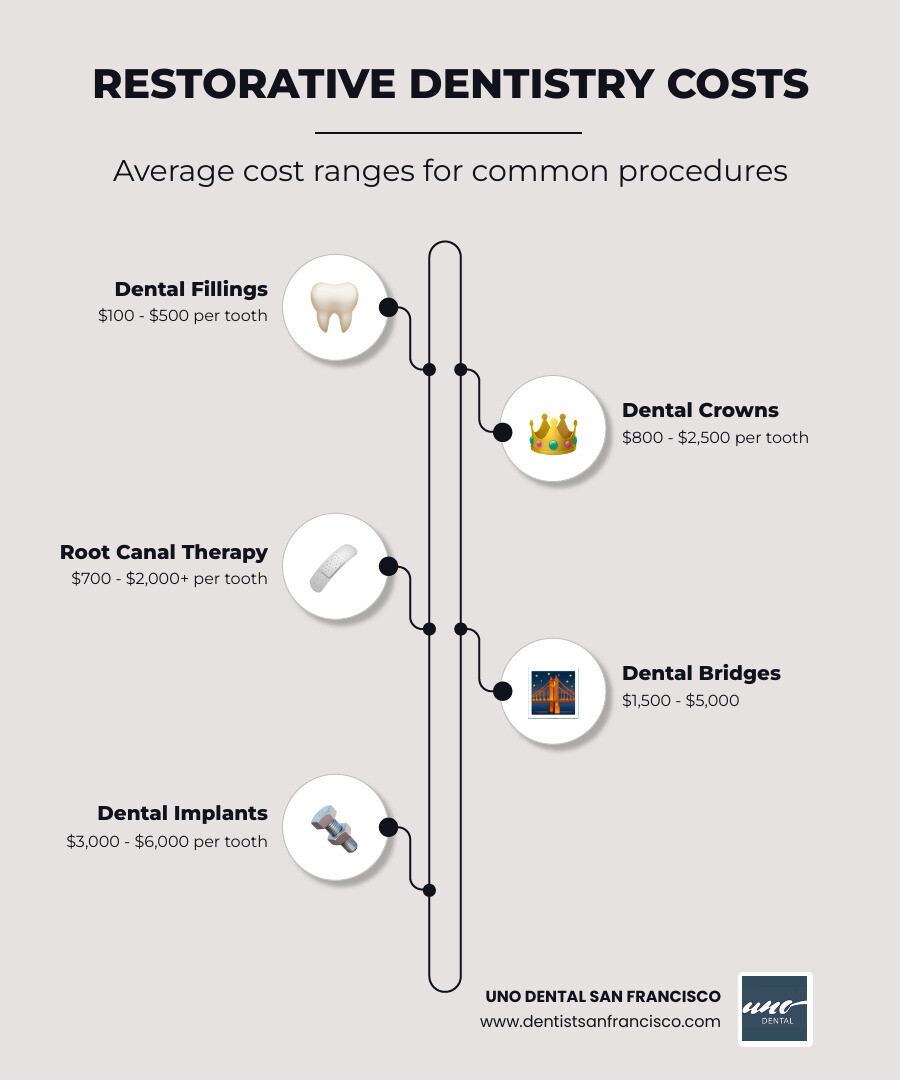 Infographic showing average cost ranges for dental fillings ($100-500), crowns ($800-2500), root canals ($700-2000+), bridges ($1500-5000), implants ($3000-6000), and dentures ($600-8000), with icons representing each procedure and factors affecting costs like materials, location, and complexity - how much do restorative dentistry services cost infographic infographic-line-5-steps-neat_beige Infographic showing average cost ranges for dental fillings ($100-500), crowns ($800-2500), root canals ($700-2000+), bridges ($1500-5000), implants ($3000-6000), and dentures ($600-8000), with icons representing each procedure and factors affecting costs like materials, location, and complexity - how much do restorative dentistry services cost infographic infographic-line-5-steps-neat_beige