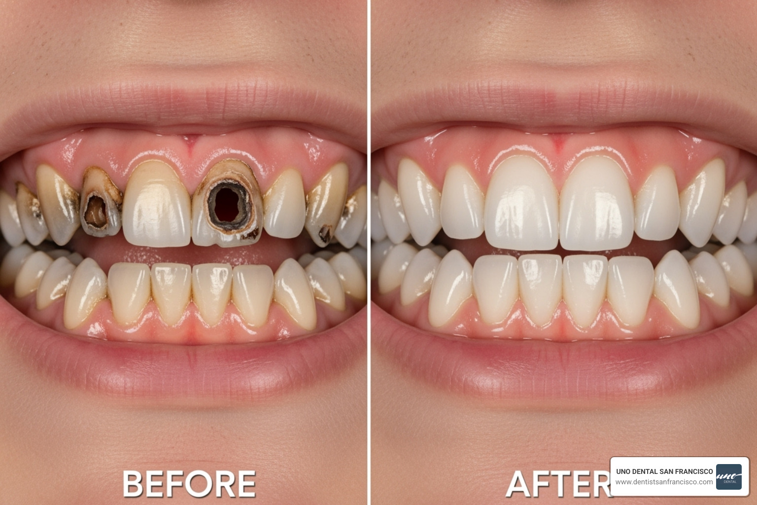 Before and after images of a full-mouth reconstruction, showing significant improvement in tooth alignment, health, and aesthetics - how much do restorative dentistry services cost Before and after images of a full-mouth reconstruction, showing significant improvement in tooth alignment, health, and aesthetics - how much do restorative dentistry services cost