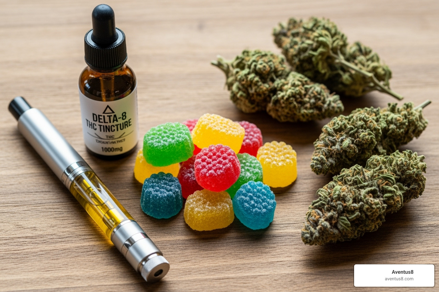 Various Delta-8 products including gummies, tinctures, vapes, and flower - what is delta 8