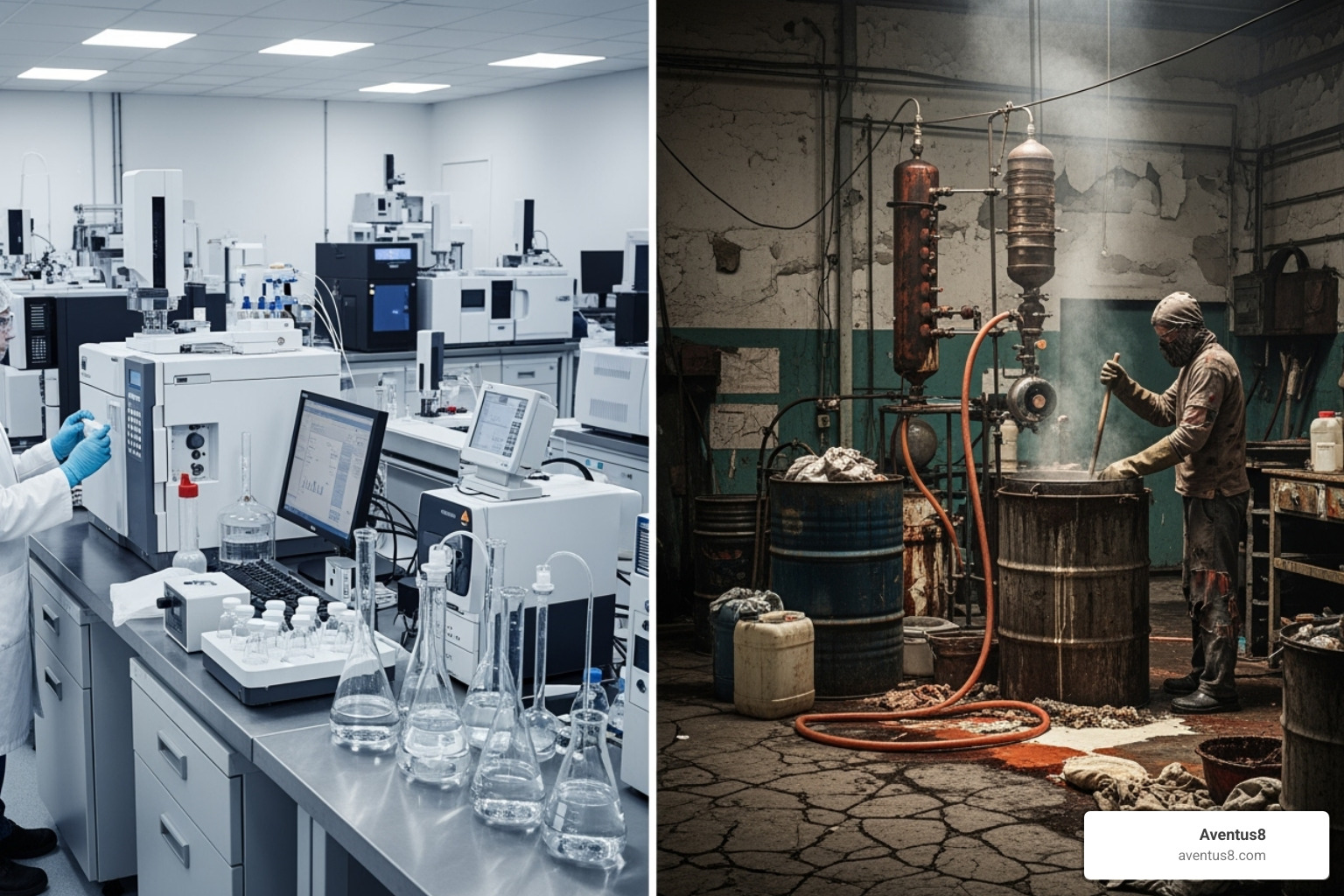 Contrasting a clean lab environment with a depiction of an uncontrolled, makeshift setting - what is delta 8