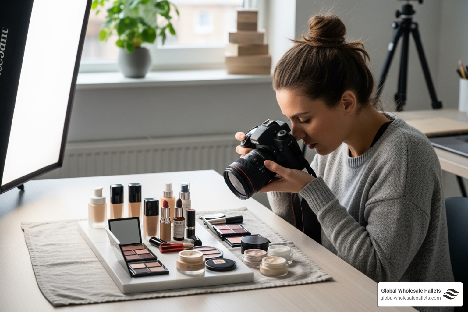 Reseller organizing and photographing cosmetic products for their online store - Wholesale Cosmetic Pallets Online