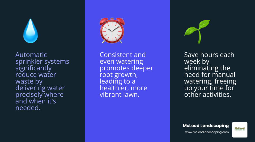 Infographic explaining the benefits of an automatic sprinkler system, including water savings, time savings, and improved lawn health. - installation of a sprinkler system infographic 3_facts_emoji_blue