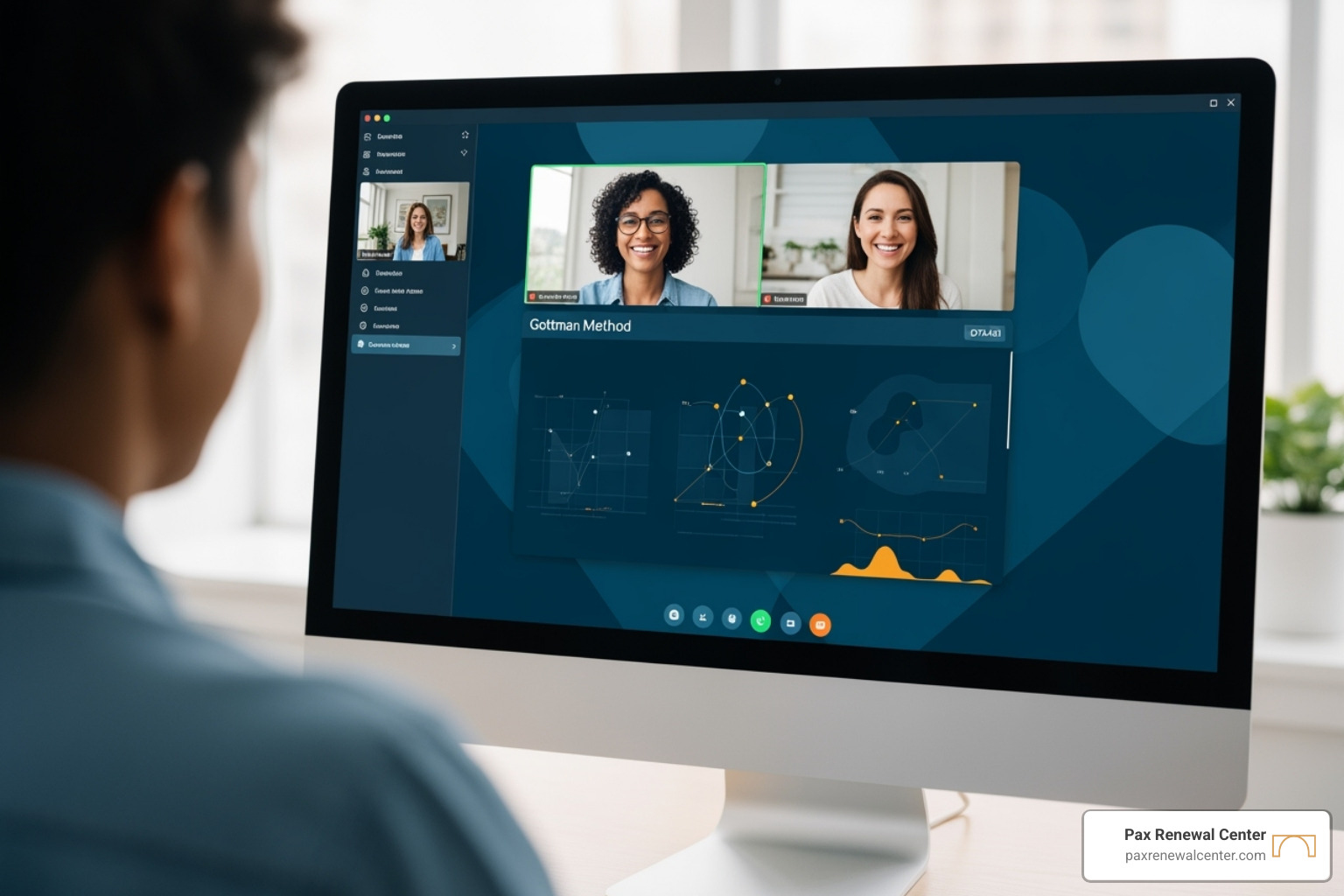 A therapist's screen showing a couple engaged in a virtual therapy session, with elements of the Gottman Method visible on a shared screen, using brand colors #013B4C and #D7A461. - gottman therapy online A therapist's screen showing a couple engaged in a virtual therapy session, with elements of the Gottman Method visible on a shared screen, using brand colors #013B4C and #D7A461. - gottman therapy online