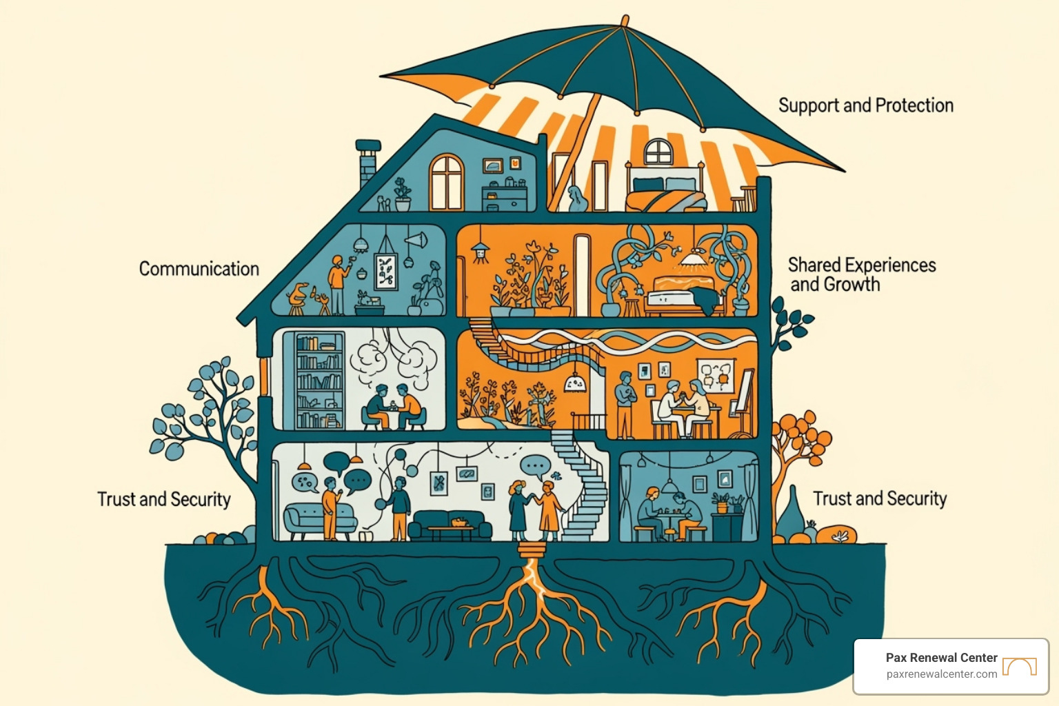 The Sound Relationship House diagram, illustrating the seven components of a healthy relationship with brand colors #013B4C and #D7A461. - gottman therapy online The Sound Relationship House diagram, illustrating the seven components of a healthy relationship with brand colors #013B4C and #D7A461. - gottman therapy online