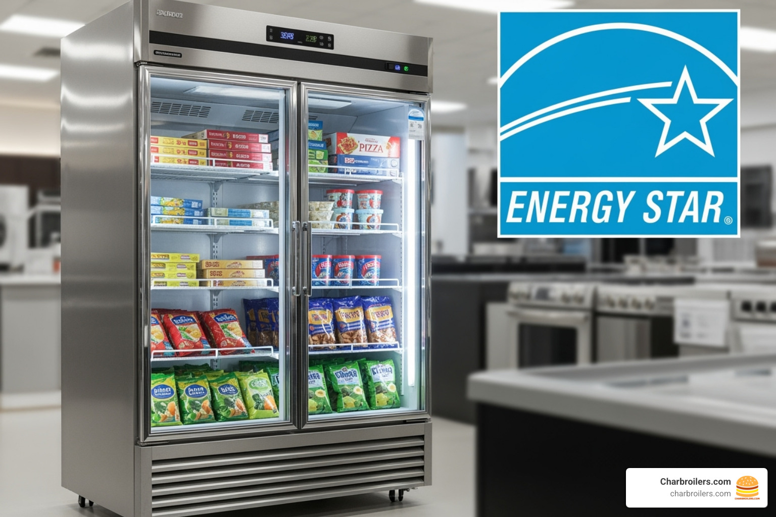 Image of an ENERGY STAR logo next to a modern commercial freezer. - commercial refrigerators and freezers
