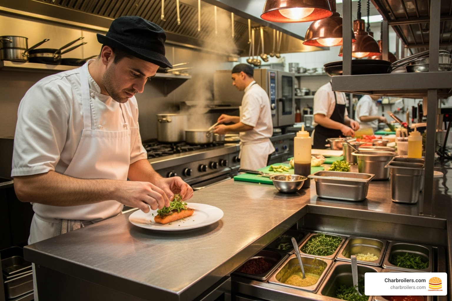 Image of a chef working at a stainless steel worktop refrigerator in a busy kitchen. - commercial refrigerators and freezers