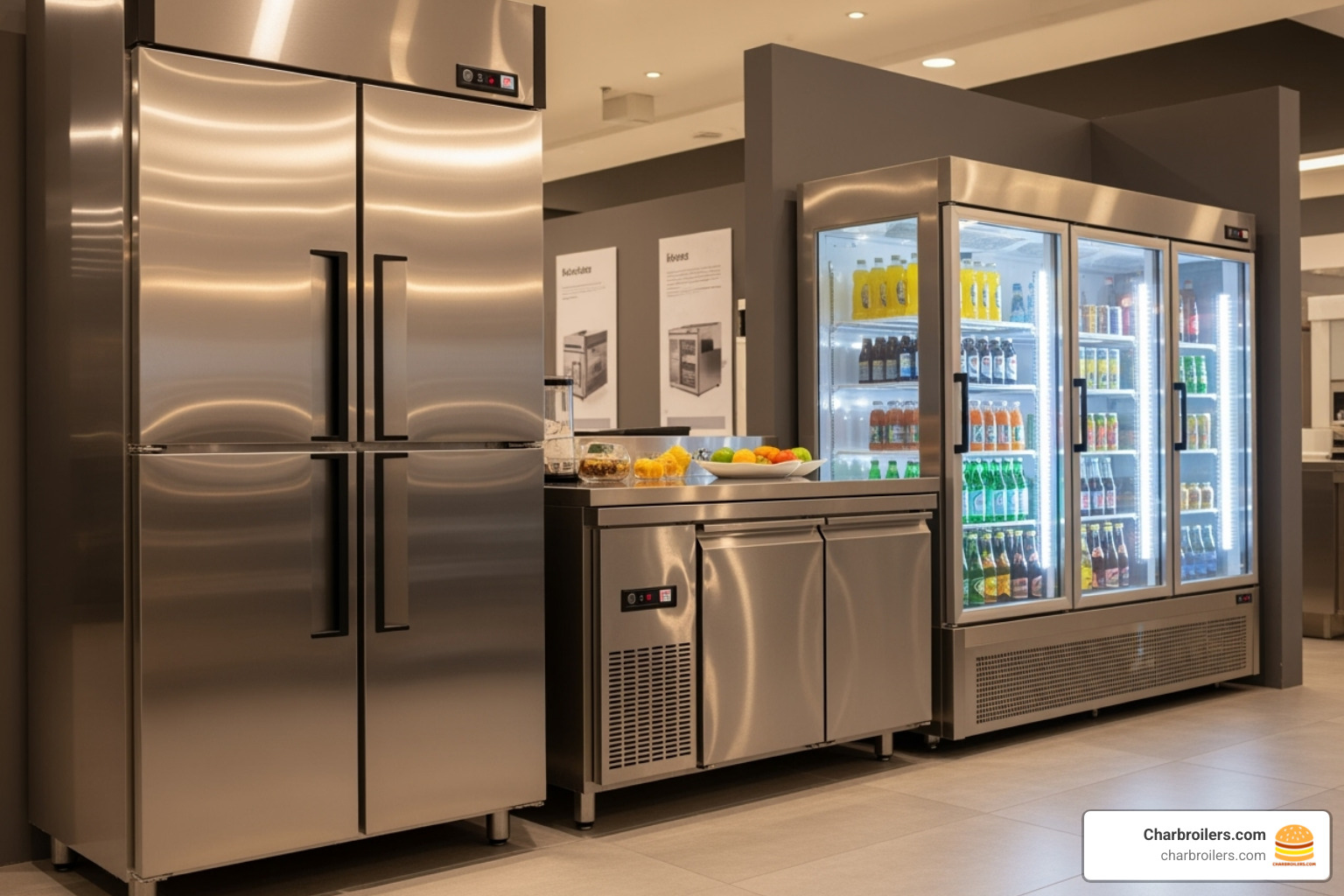 Image of various types of commercial refrigerators lined up, such as a reach-in, an undercounter unit, and a glass door merchandiser. - commercial refrigerators and freezers