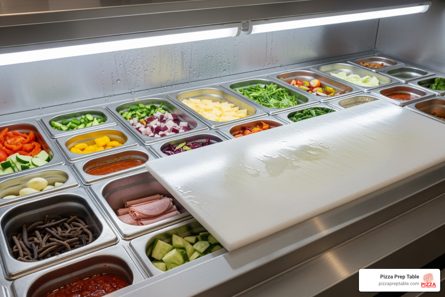 Top section of a prep fridge showing the refrigerated wells, food pans, and cutting board - prep fridge Top section of a prep fridge showing the refrigerated wells, food pans, and cutting board - prep fridge