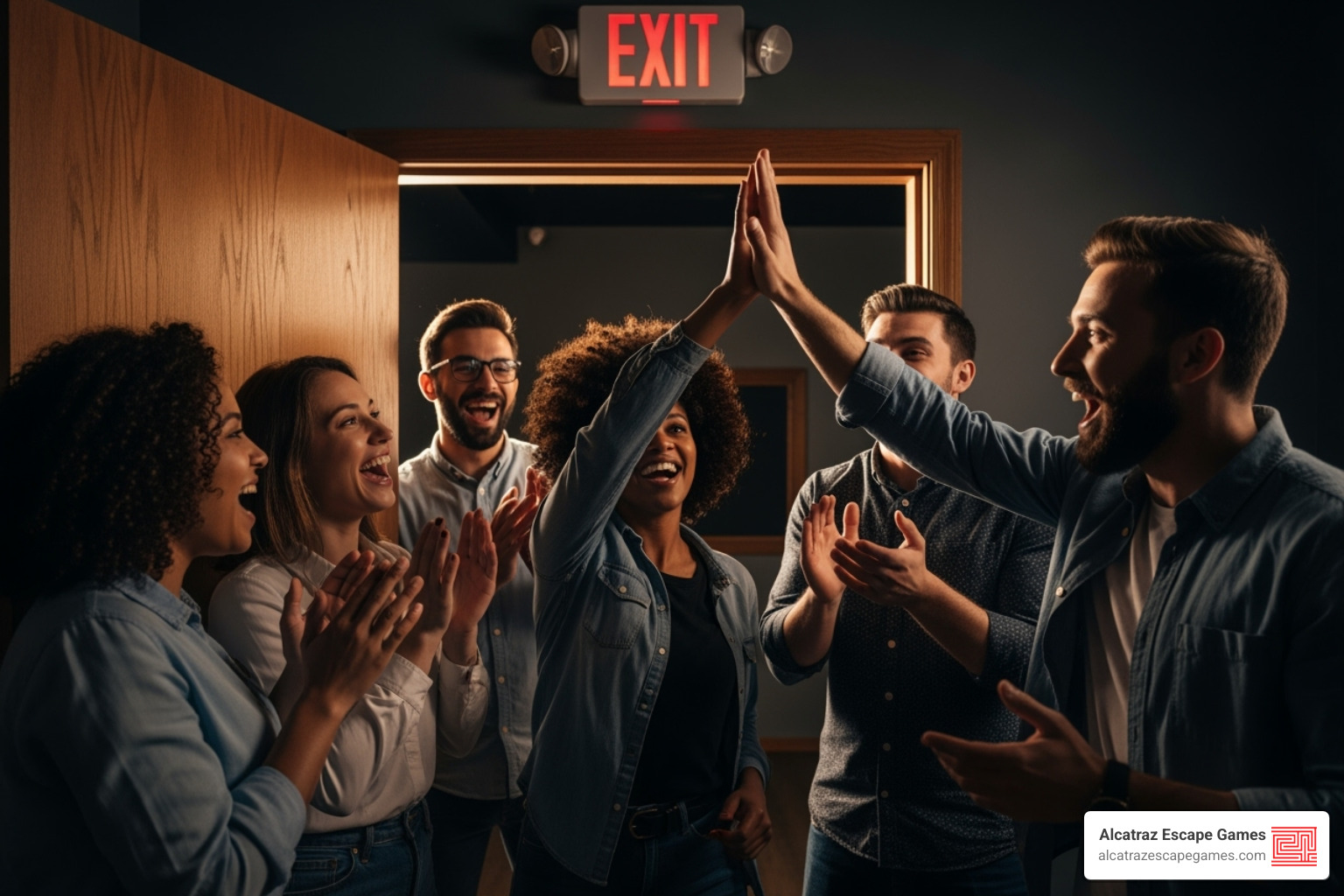 triumphant group exiting an escape room - castle of chaos haunted house & escape rooms