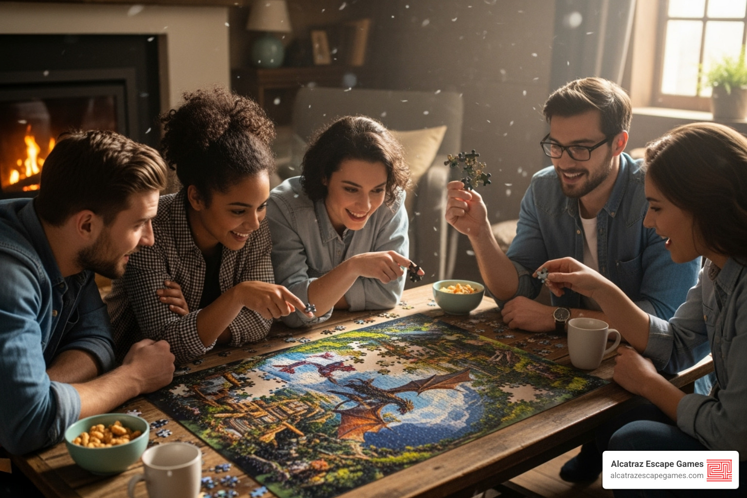 group of friends working together to solve a puzzle
