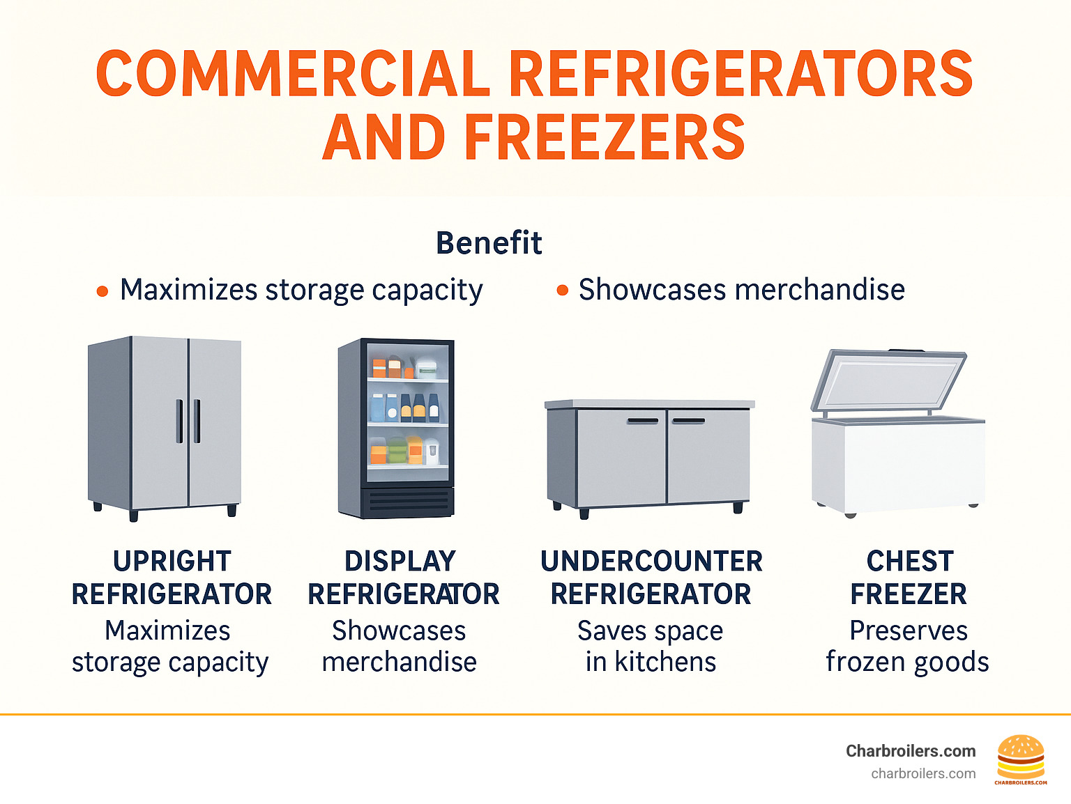 Infographic detailing common types of commercial refrigerators and freezers and their primary benefits for businesses - commercial refrigerators and freezers infographic 