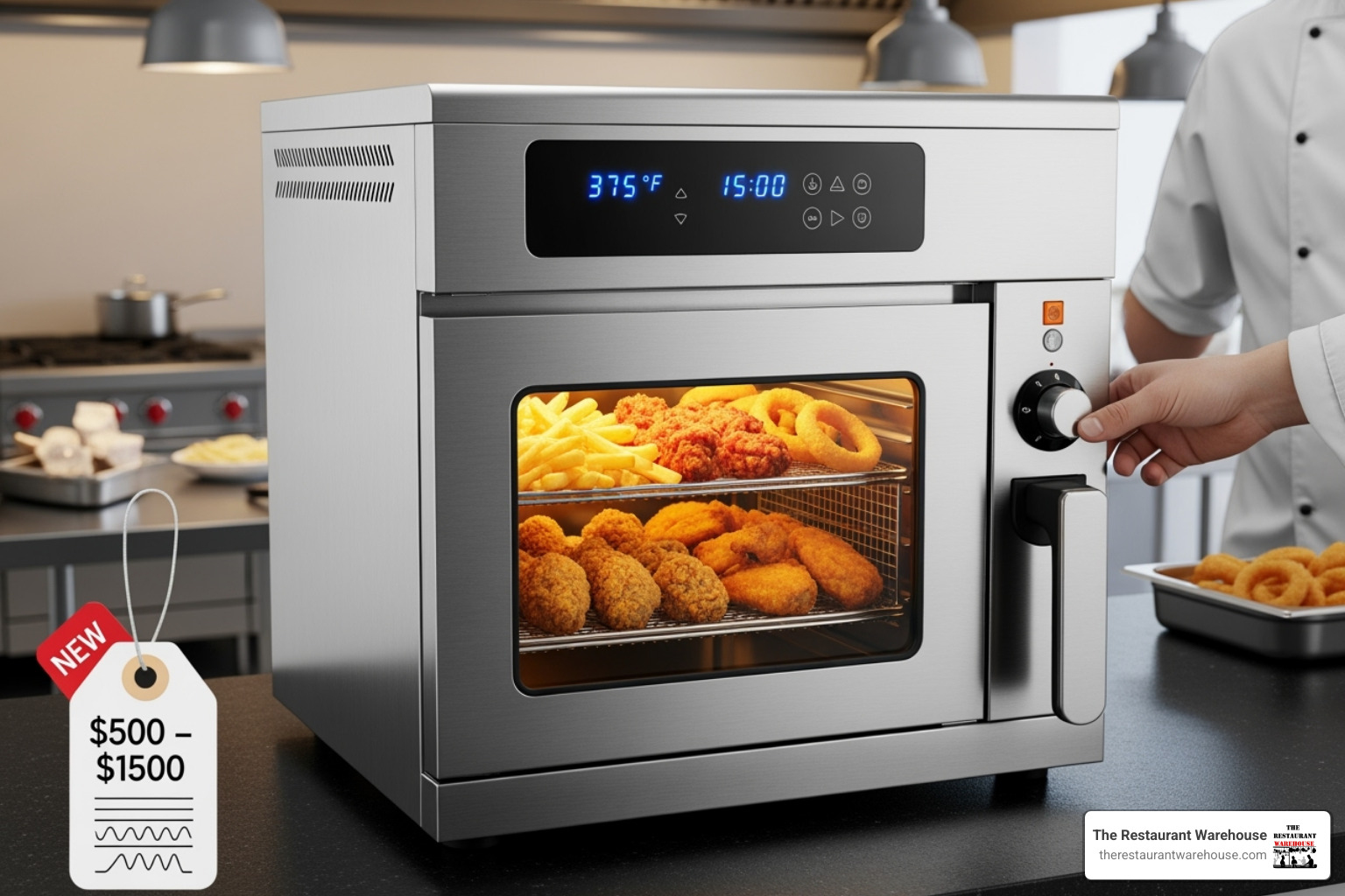 Menu board prominently displaying "New! Healthier Air-Fried Options" with a few popular dishes listed below - commercial air fryer price