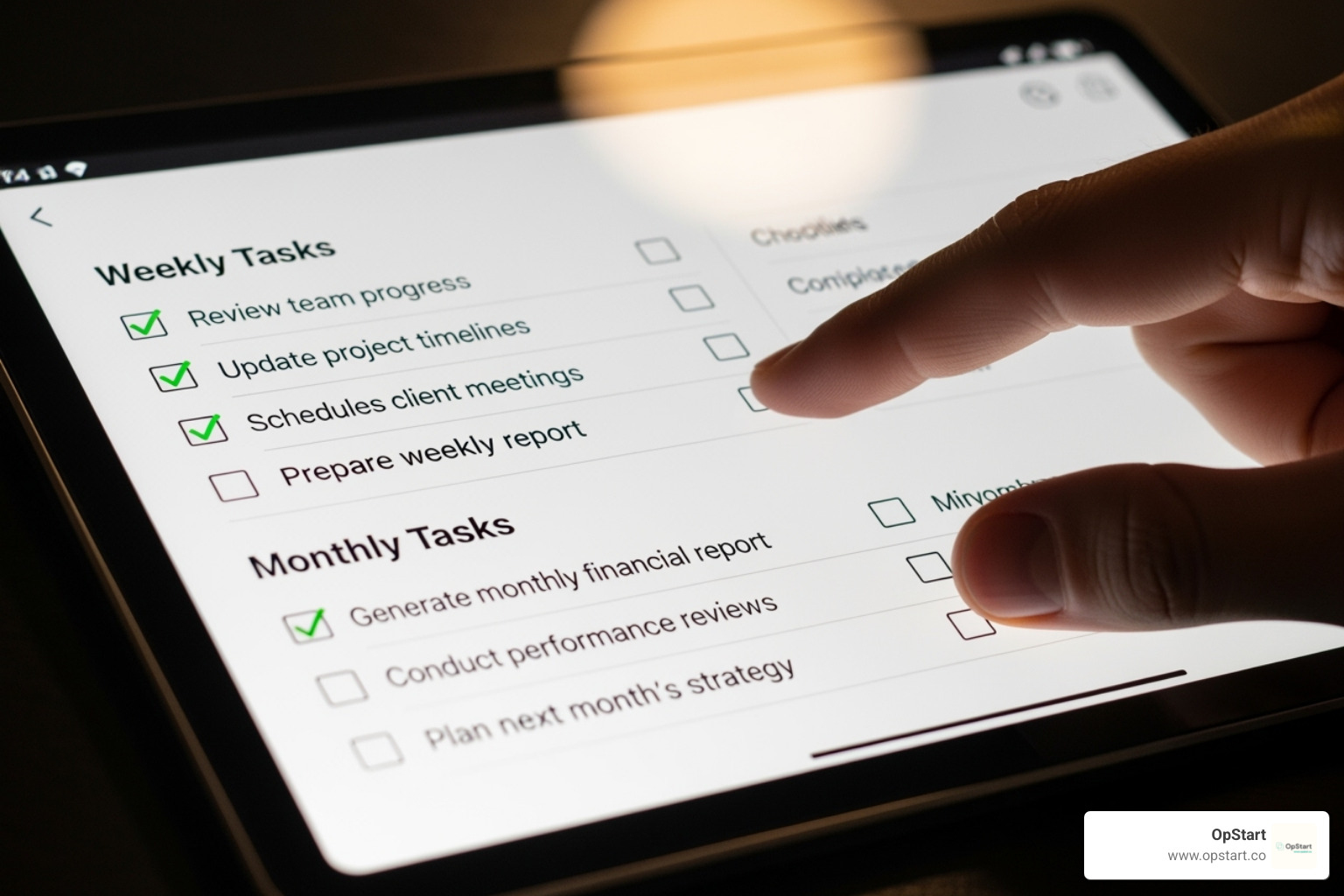 digital checklist on a tablet screen showing weekly and monthly tasks - bookkeeping needs for start ups