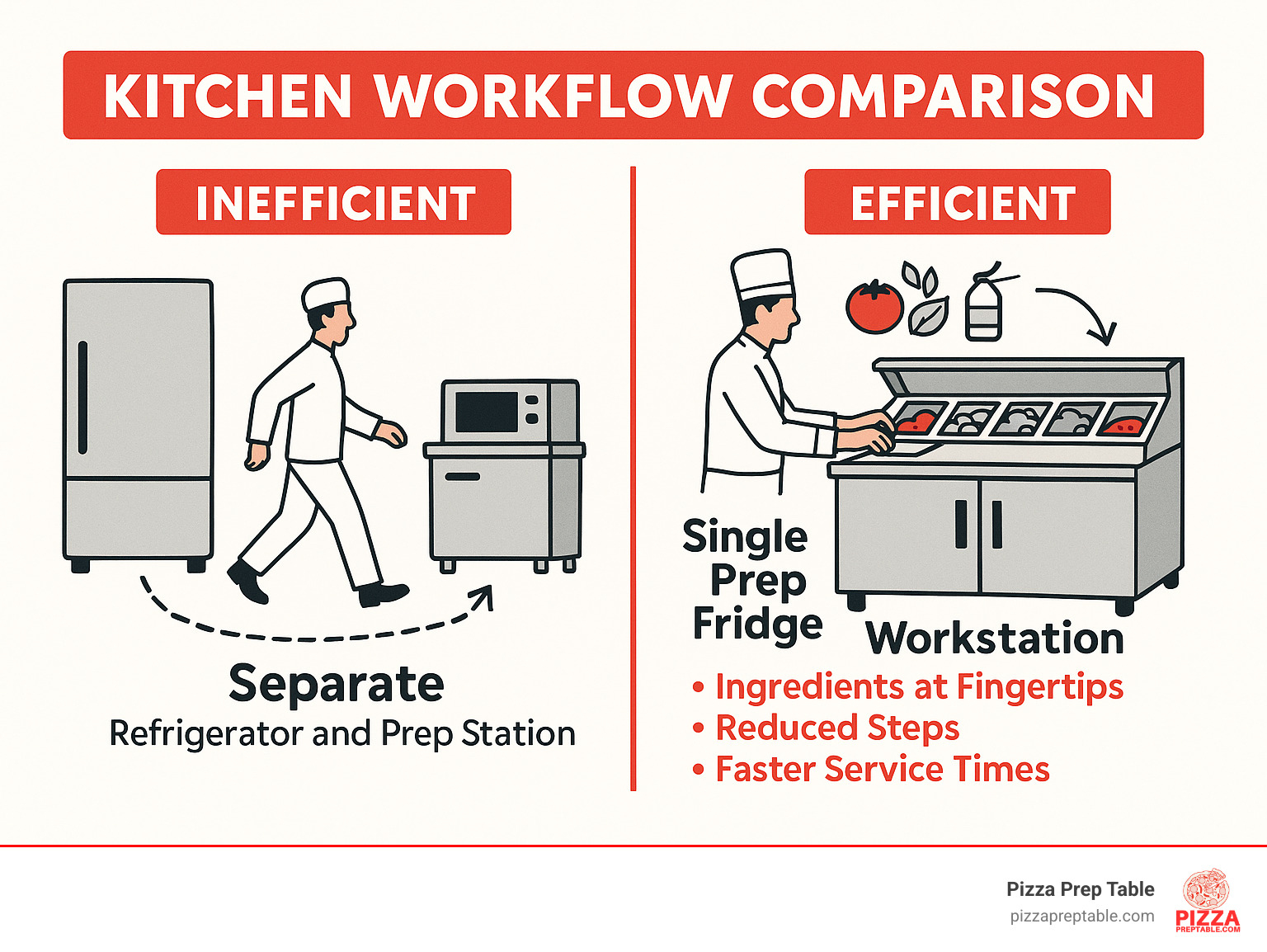 Detailed infographic showing kitchen workflow comparison: left side shows chef walking between separate refrigerator and prep station (inefficient), right side shows chef working efficiently at single prep fridge workstation with ingredients at fingertips, reduced steps, and faster service times - prep fridge infographic  Detailed infographic showing kitchen workflow comparison: left side shows chef walking between separate refrigerator and prep station (inefficient), right side shows chef working efficiently at single prep fridge workstation with ingredients at fingertips, reduced steps, and faster service times - prep fridge infographic