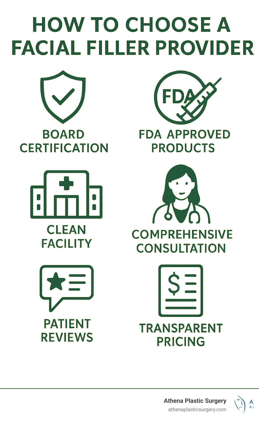 Infographic showing the key criteria for selecting a facial filler provider: board certification, FDA-approved products, clean facility, patient reviews, comprehensive consultation, and transparent pricing with visual icons for each factor - best place for facial fillers near me infographic Infographic showing the key criteria for selecting a facial filler provider: board certification, FDA-approved products, clean facility, patient reviews, comprehensive consultation, and transparent pricing with visual icons for each factor - best place for facial fillers near me infographic