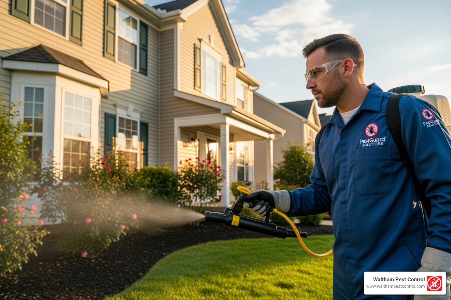 A professional exterminator in uniform treating the perimeter of a home with spray equipment. - Cost of ant extermination A professional exterminator in uniform treating the perimeter of a home with spray equipment. - Cost of ant extermination