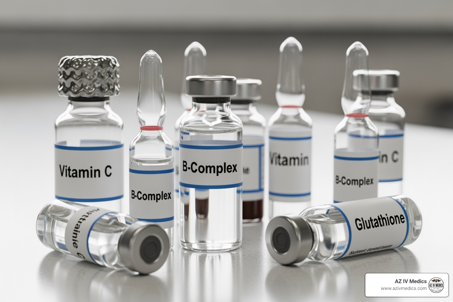 image of various vitamin vials like Vitamin C, B-Complex, and Glutathione - vitamin iv image of various vitamin vials like Vitamin C, B-Complex, and Glutathione - vitamin iv