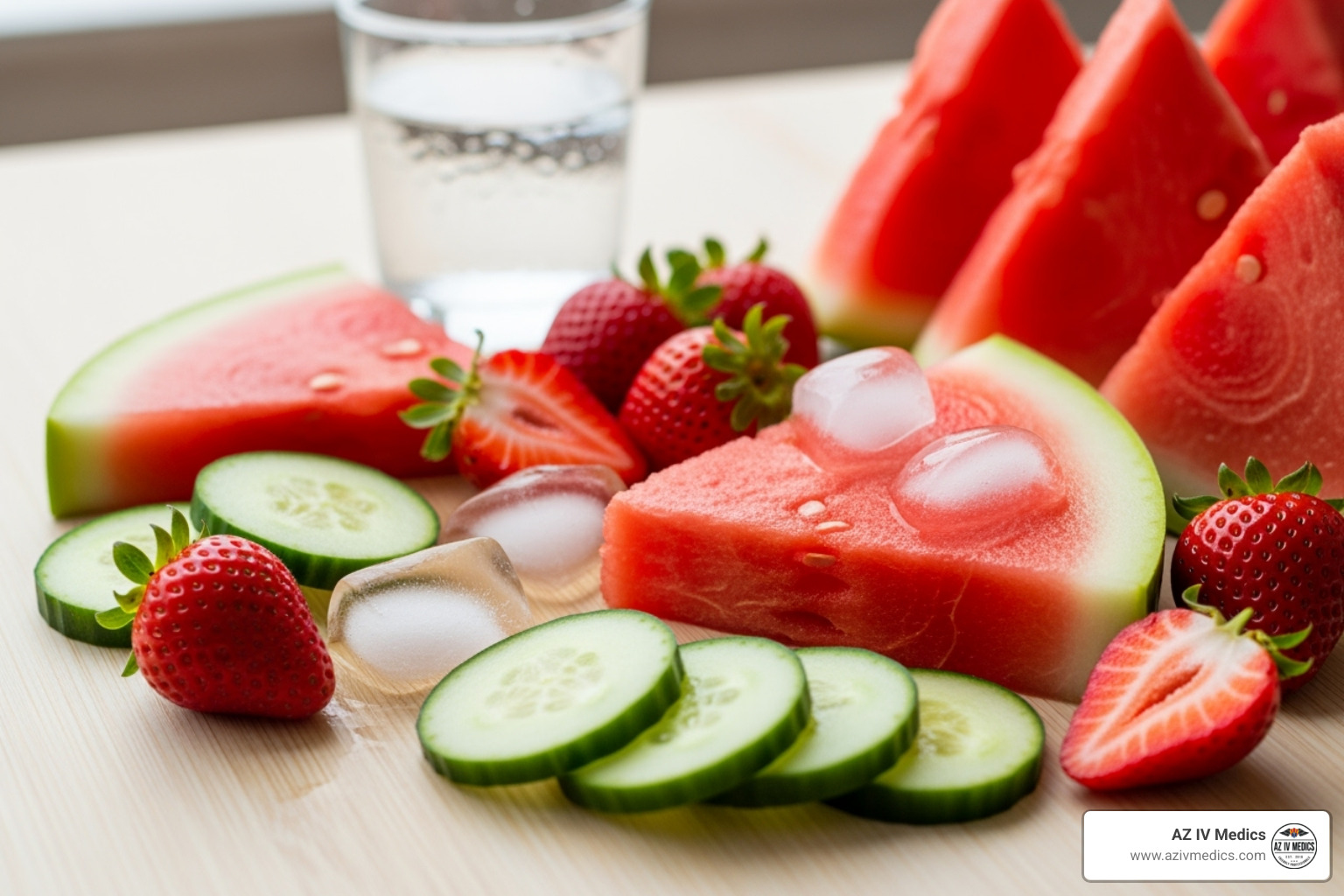 water-rich foods like watermelon, cucumber, and strawberries - how to drink water to hydrate