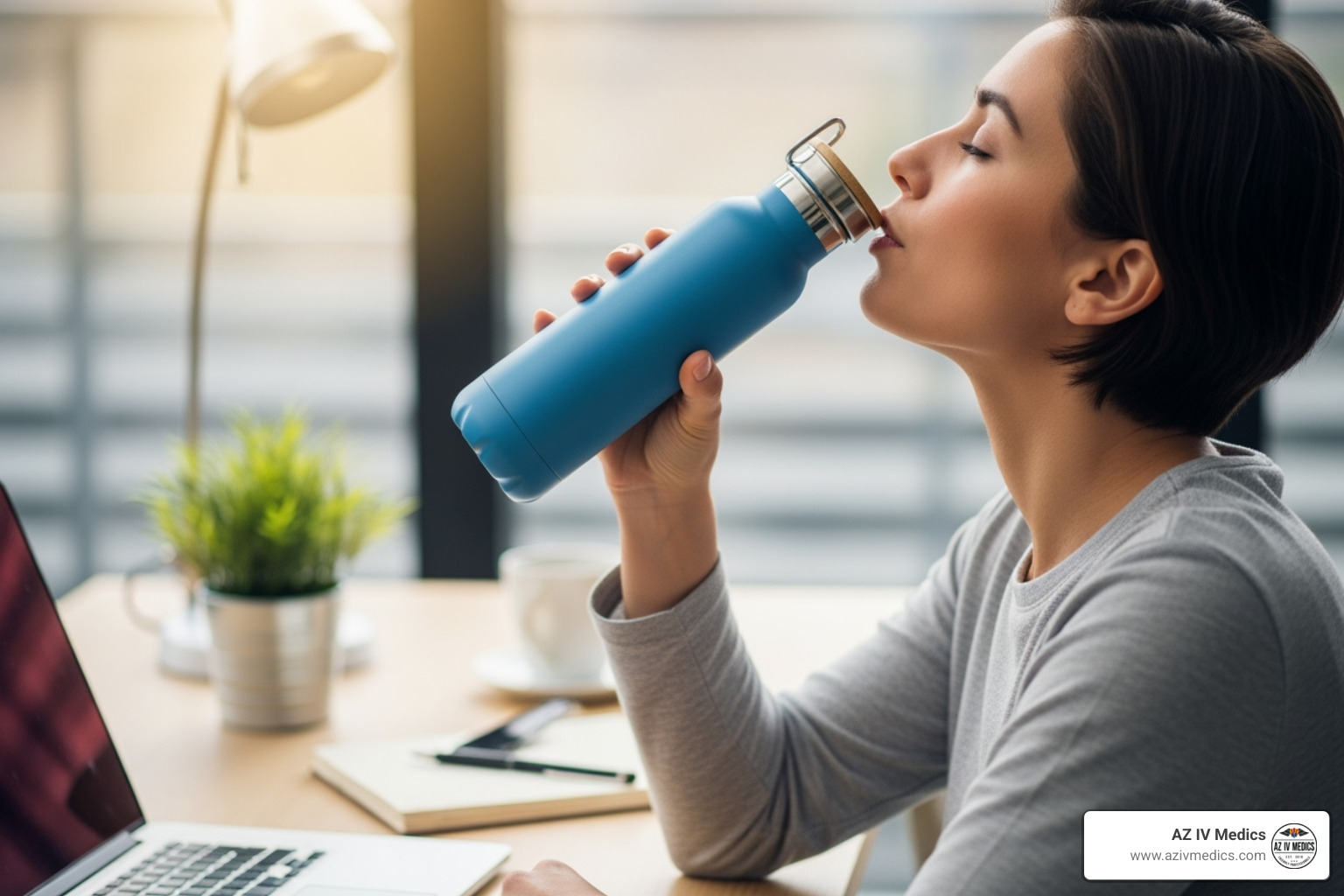a person sipping from a reusable water bottle at their desk - how to drink water to hydrate
