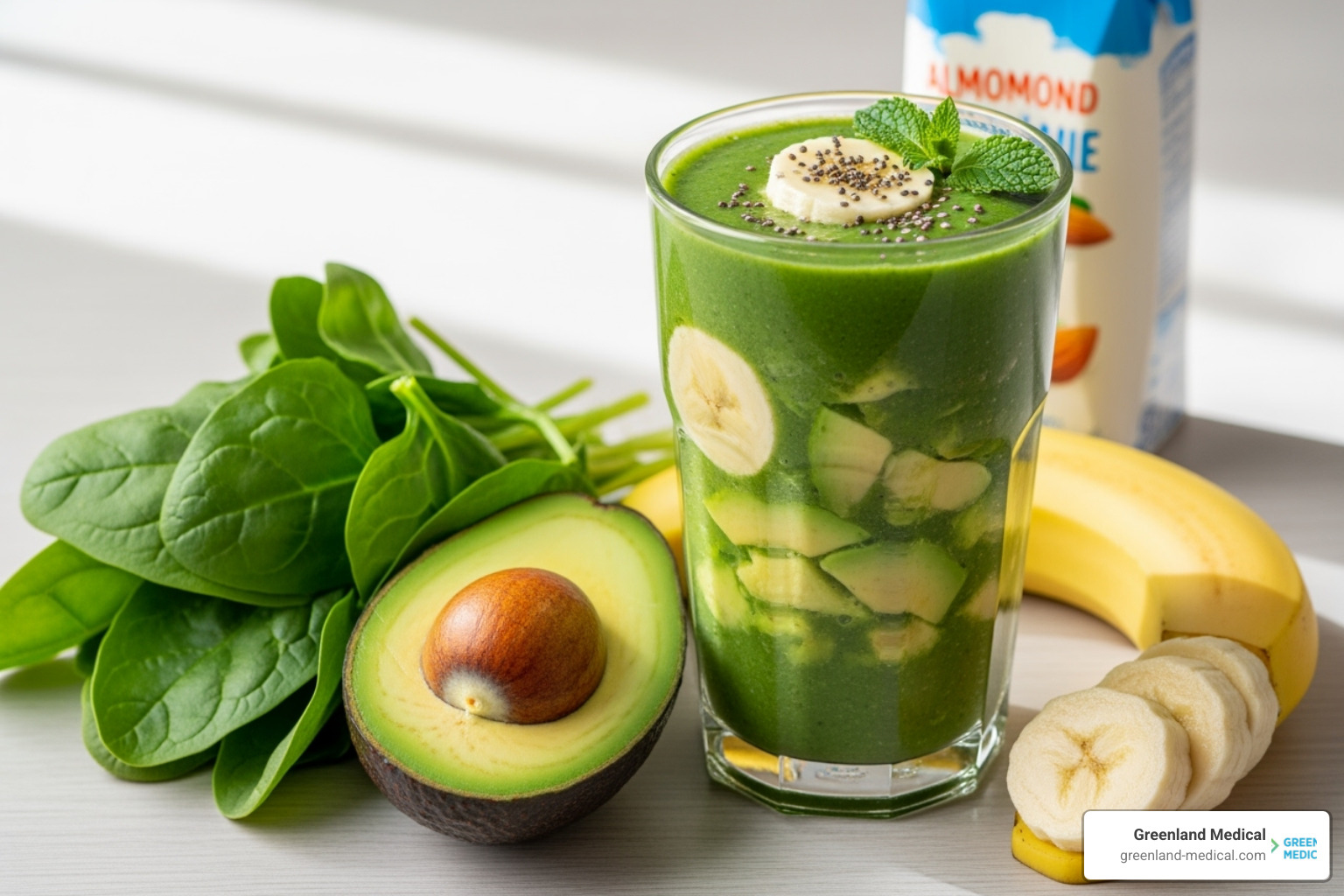 a vibrant green smoothie next to its ingredients - bredesen protocol diet a vibrant green smoothie next to its ingredients - bredesen protocol diet