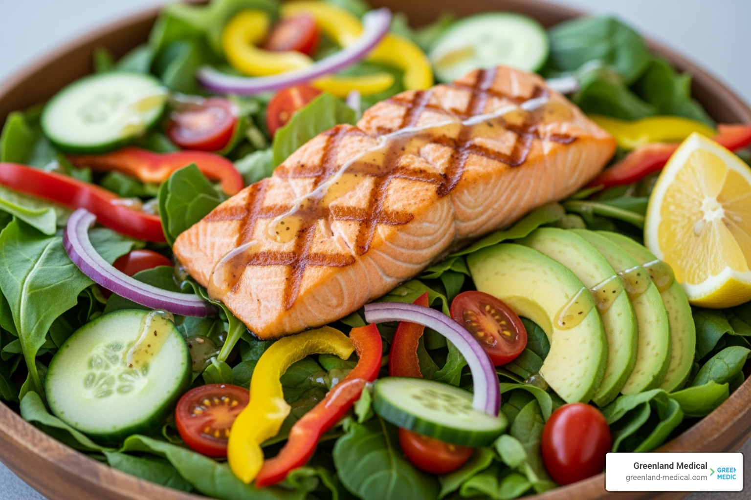 a large, colorful salad topped with grilled salmon - bredesen protocol diet a large, colorful salad topped with grilled salmon - bredesen protocol diet