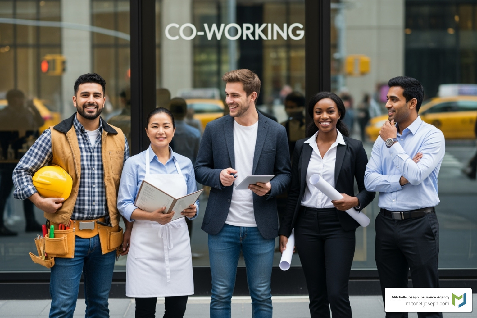 Image of a diverse group of professionals (e.g., contractor, restaurant owner, tech startup founder) - commercial insurance rochester ny