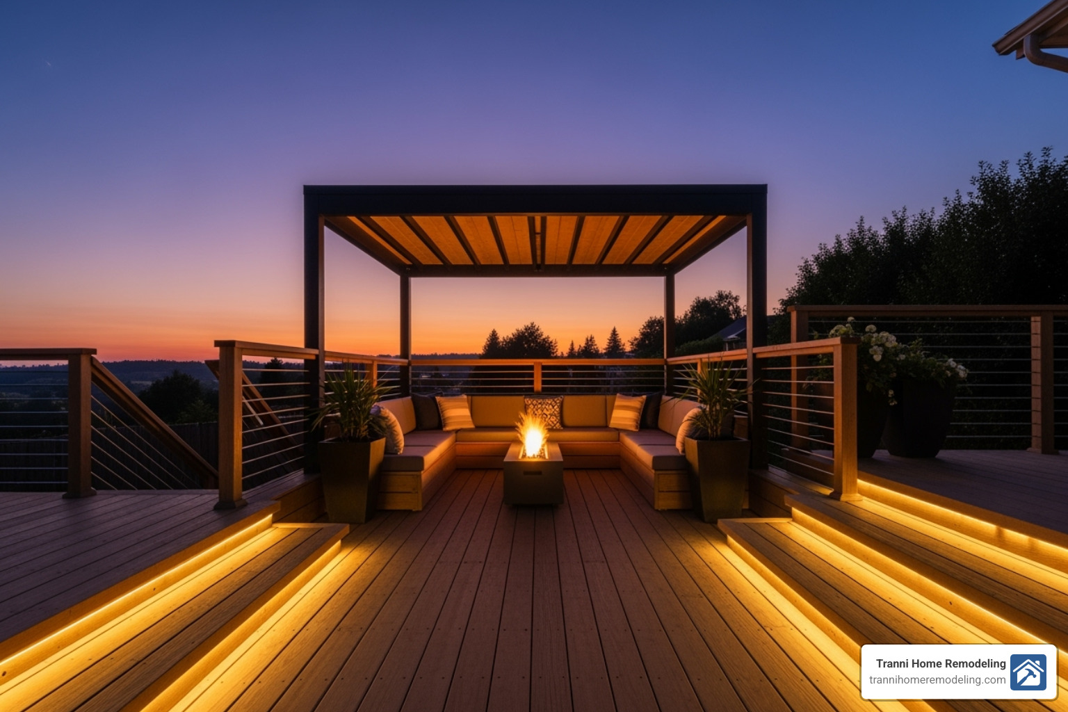 a finished deck at dusk with integrated lighting, a pergola, and built-in seating - build decks