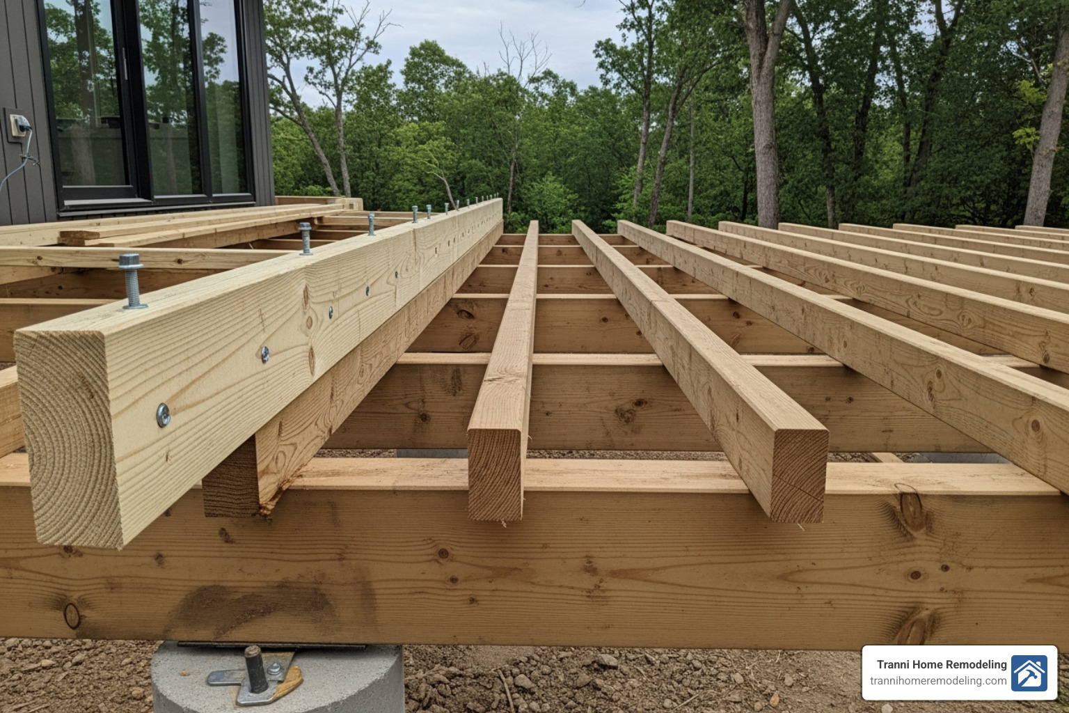 a deck frame being constructed, showing the ledger board, joists, and beams - build decks