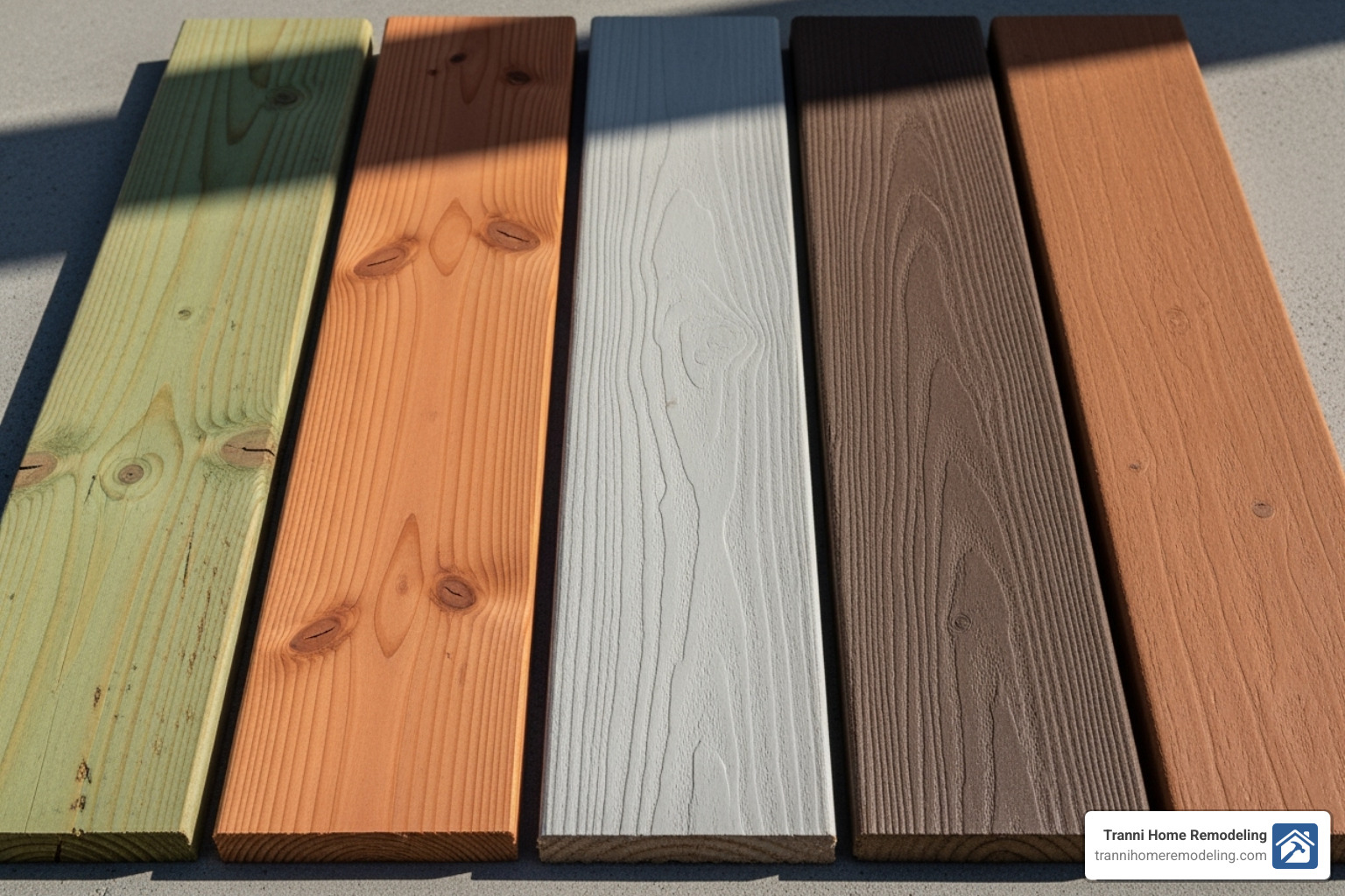 various decking material samples, including pressure-treated wood, cedar, and different colors of composite decking - build decks